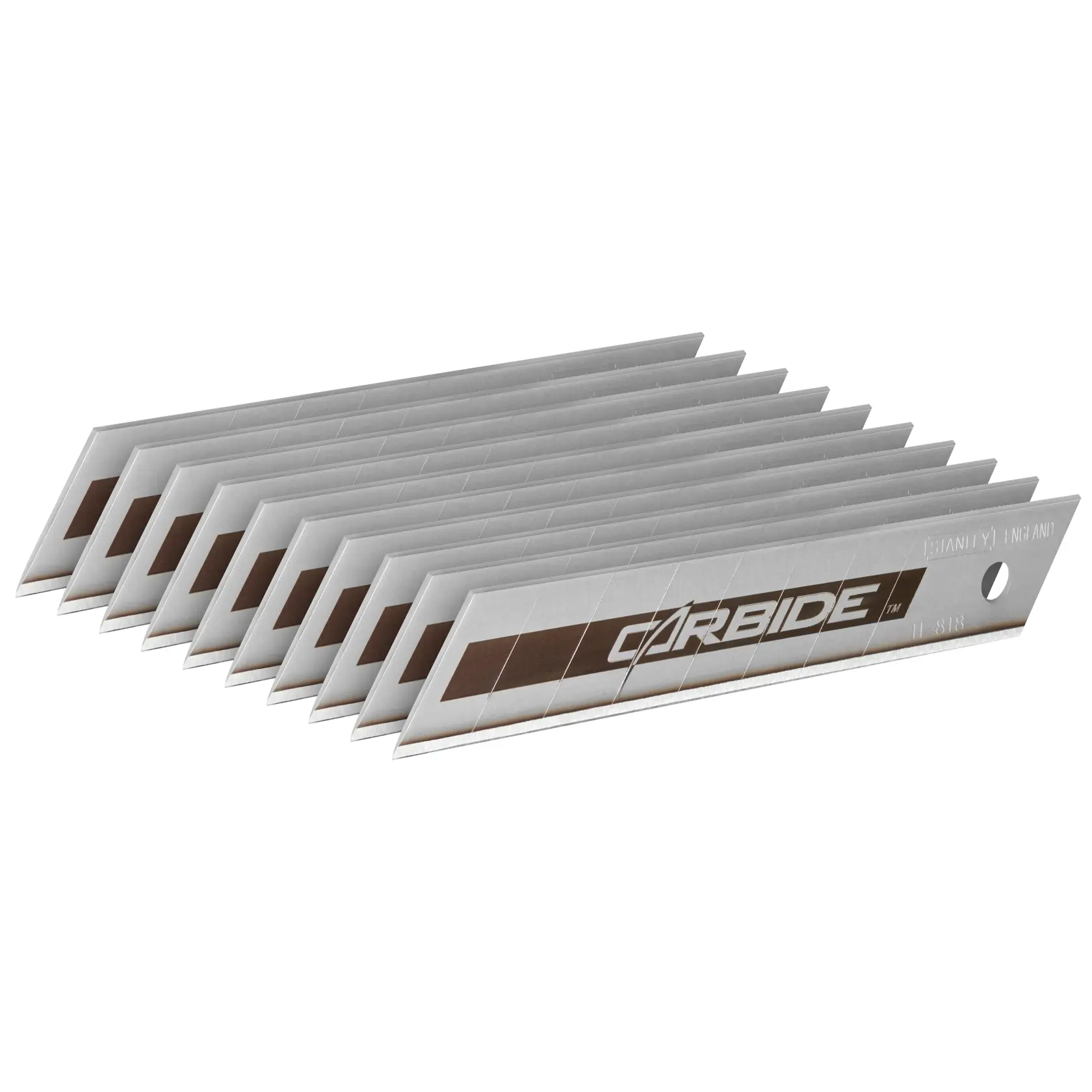 STANLEY STHT2-11818 pack of snap-off carbide utility knife blades, silver and brown, side angle on white background.
