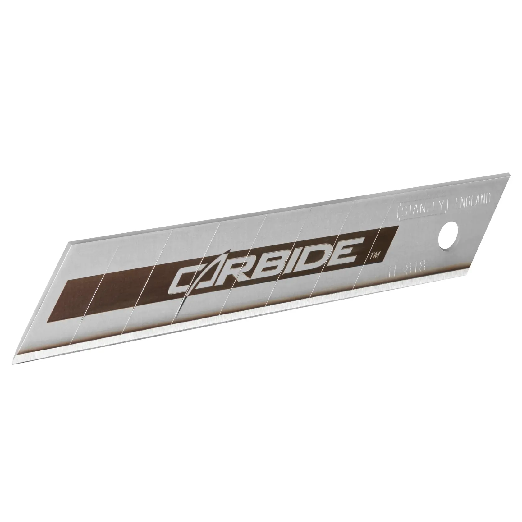 STANLEY STHT2-11818 carbide snap-off blade, silver steel, product photography, angled side view.