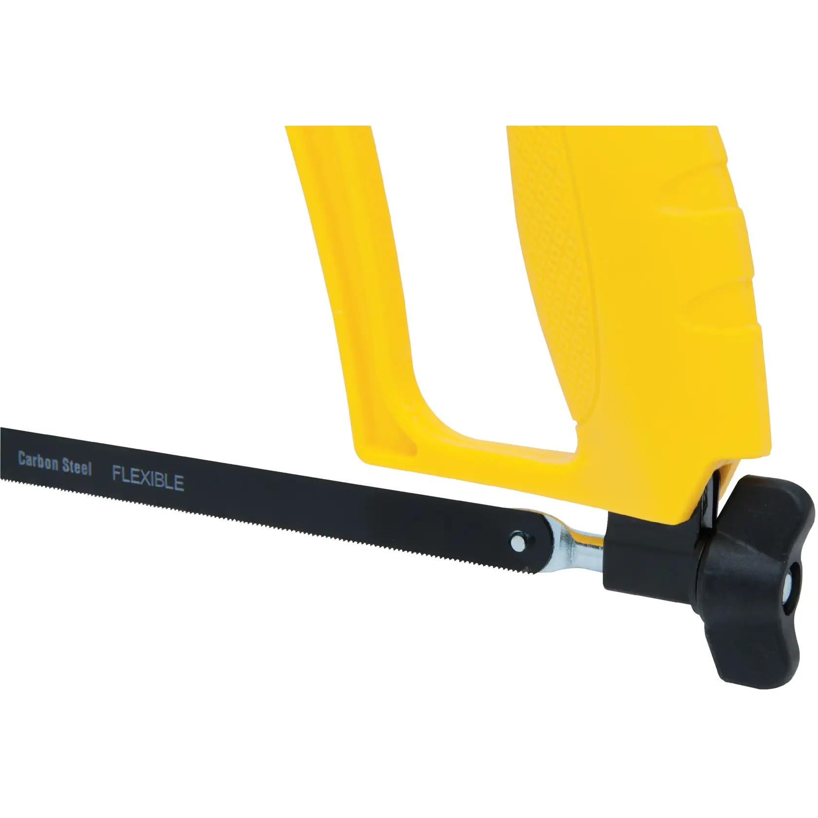 Stanley hacksaw side angle, yellow ergonomic handle with carbon steel flexible blade on white background