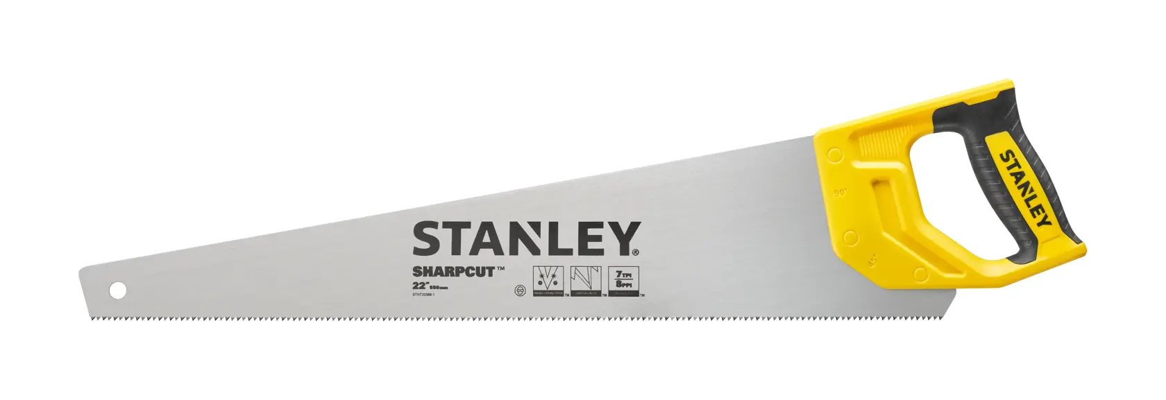 STANLEY STHT20368-1 hand saw with yellow and black handle, side view, photography product category.