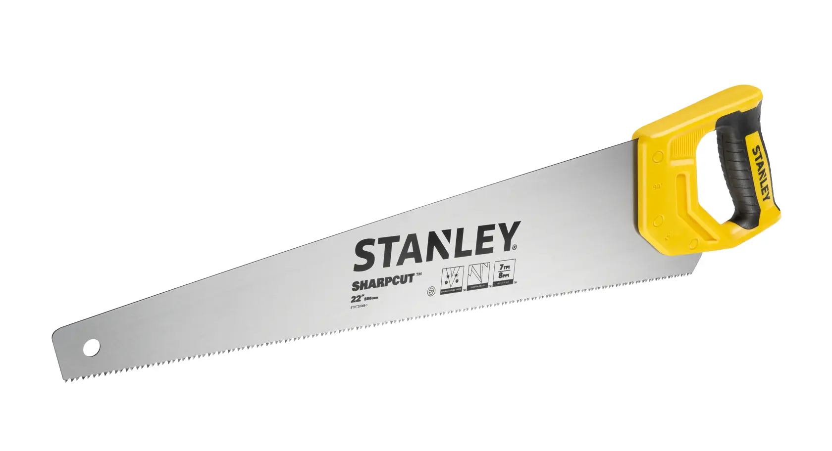 Photo of STANLEY STHT20368-1 hand saw with silver blade, yellow and black handle, side view on white background.