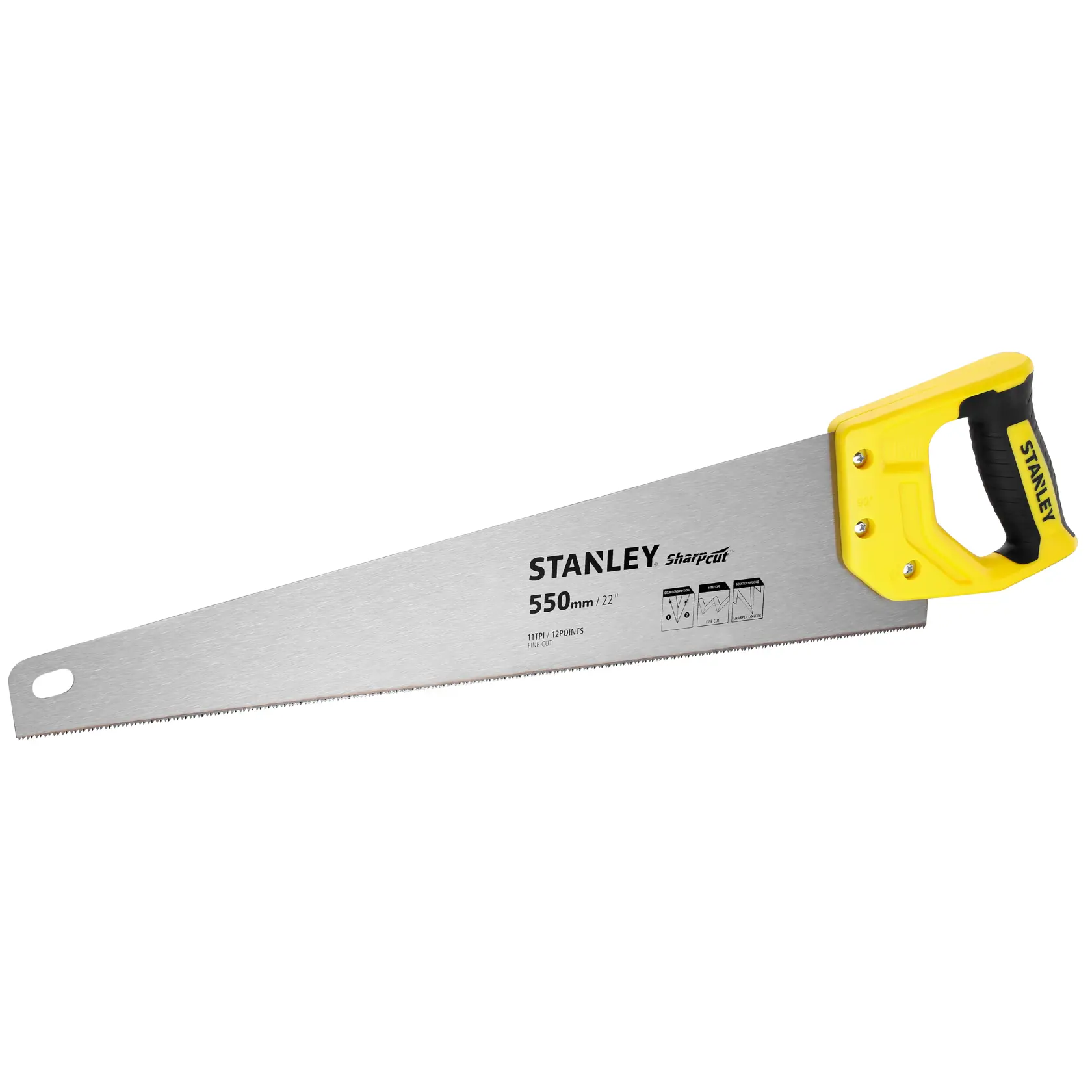 Photo of STANLEY STHT20372-1 hand saw with yellow handle and 550mm blade, side angle on white background.