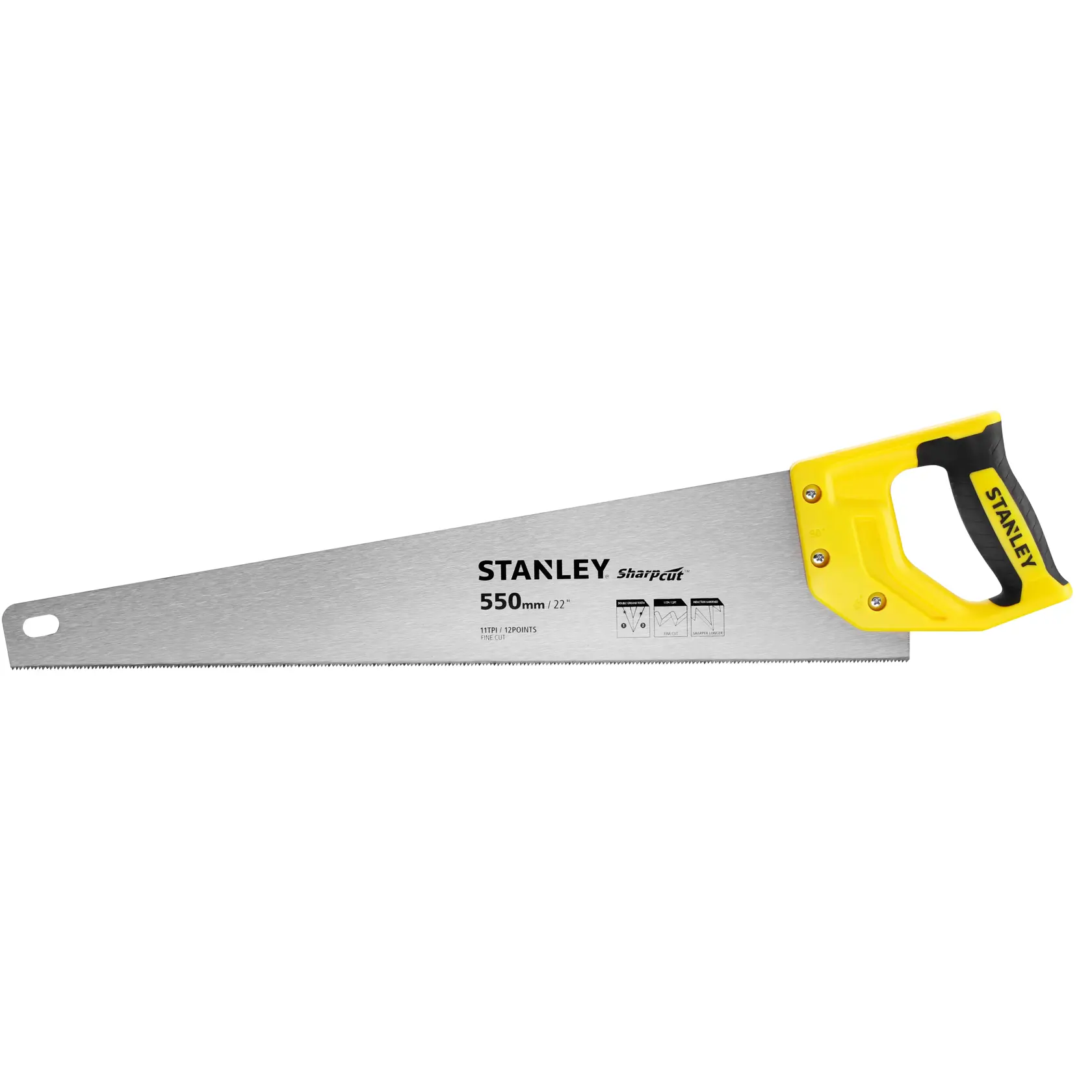 STANLEY STHT20372-1 hand saw with yellow and black handle, photographed from the side on white background.