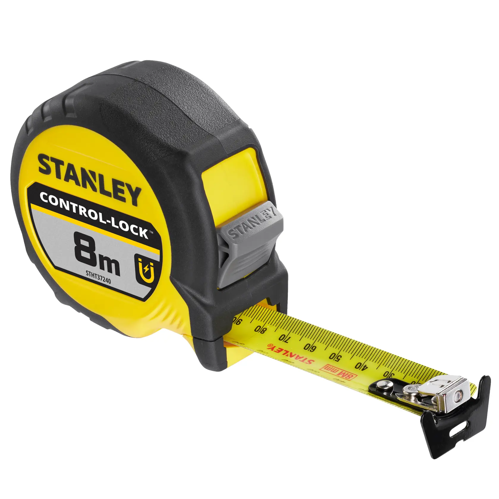 STANLEY STHT37240 tape measure, yellow and black, CONTROL-LOCK, 8m, side angle on white background.