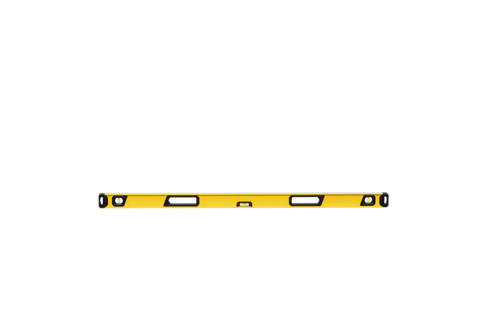 A yellow spirit level tool with black accents, designed for measuring horizontal and vertical alignment.