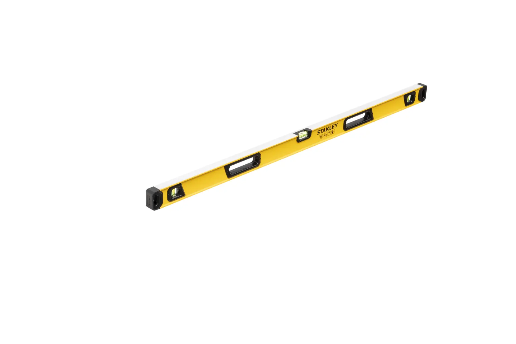 A yellow and black spirit level tool, rectangular in shape, with three bubble vials, designed for measuring horizontal and vertical alignment.