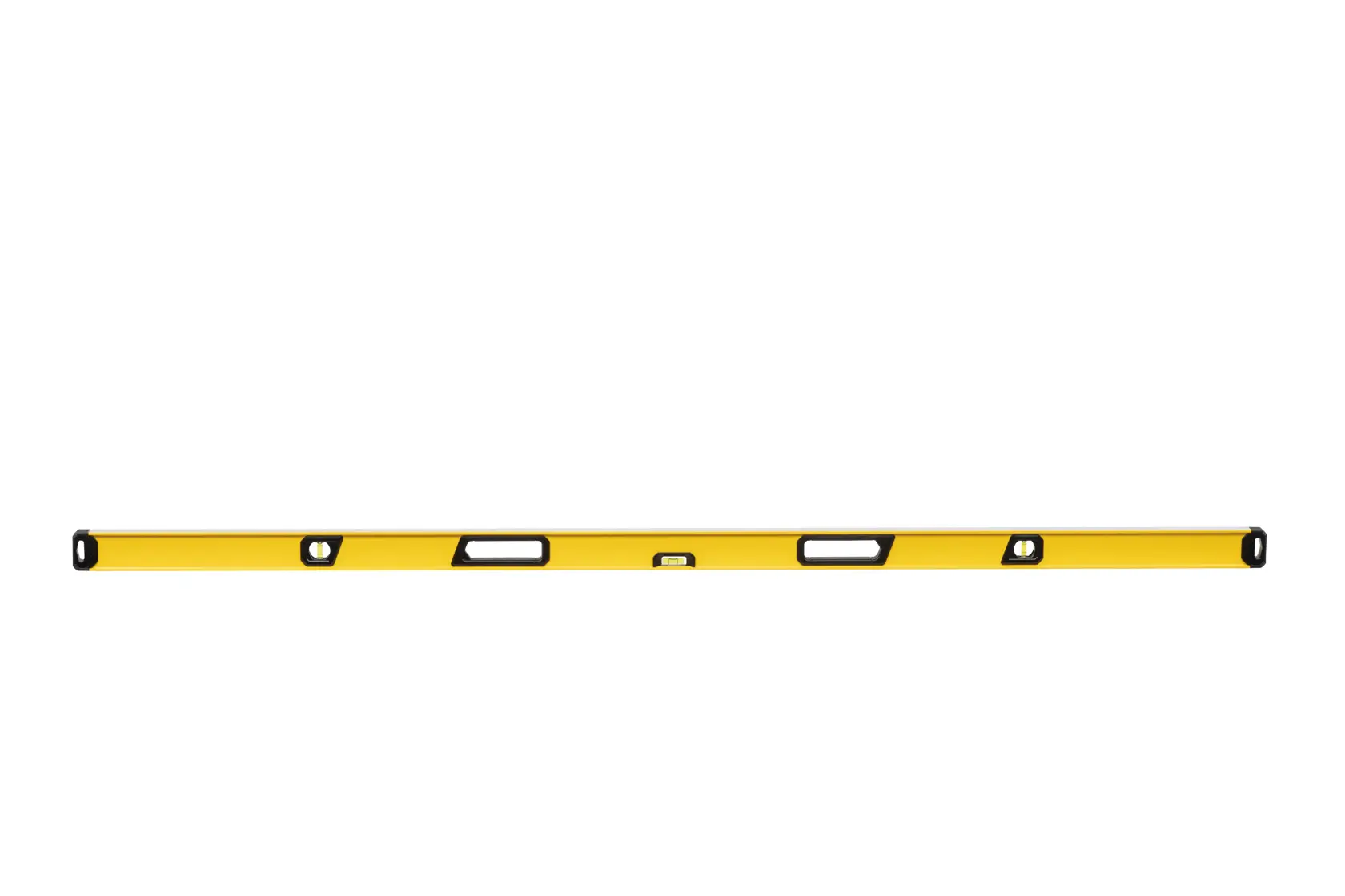A yellow spirit level tool with black accents, shown on a white background.
