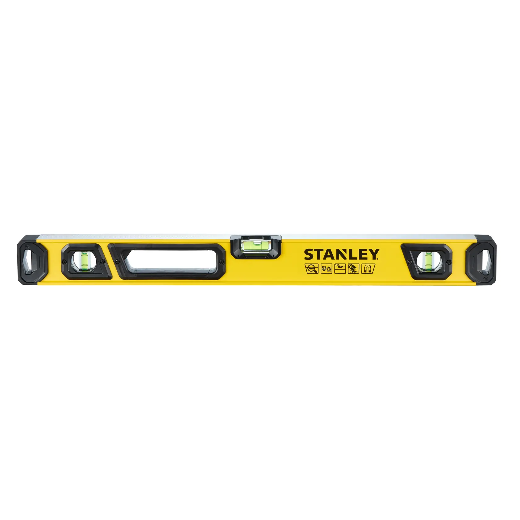 A yellow and black STANLEY spirit level with three vials, designed for measuring the level or plumb of surfaces.