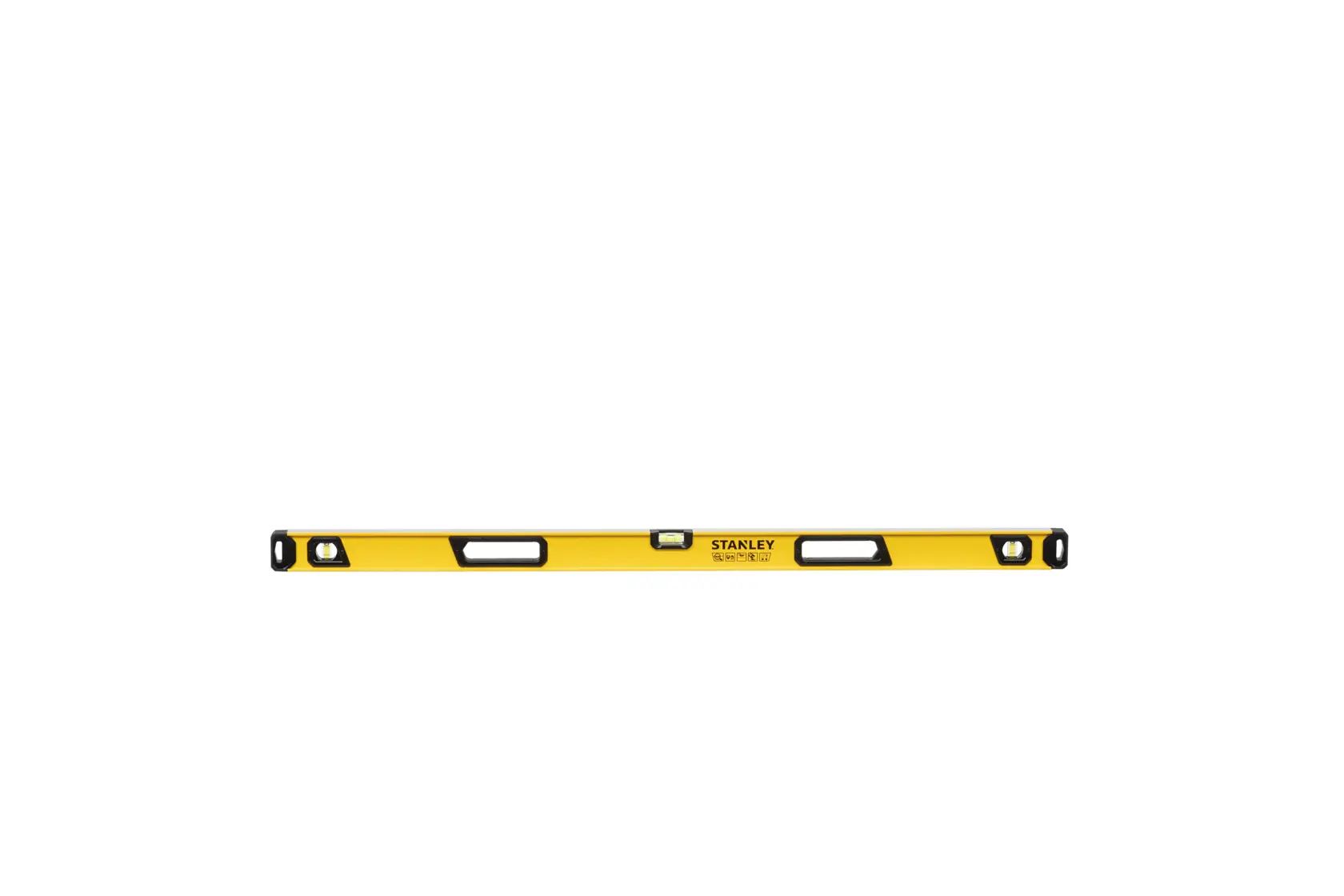 A yellow STANLEY spirit level with black accents, featuring multiple bubble vials and sturdy hand grips, shown on a white background.