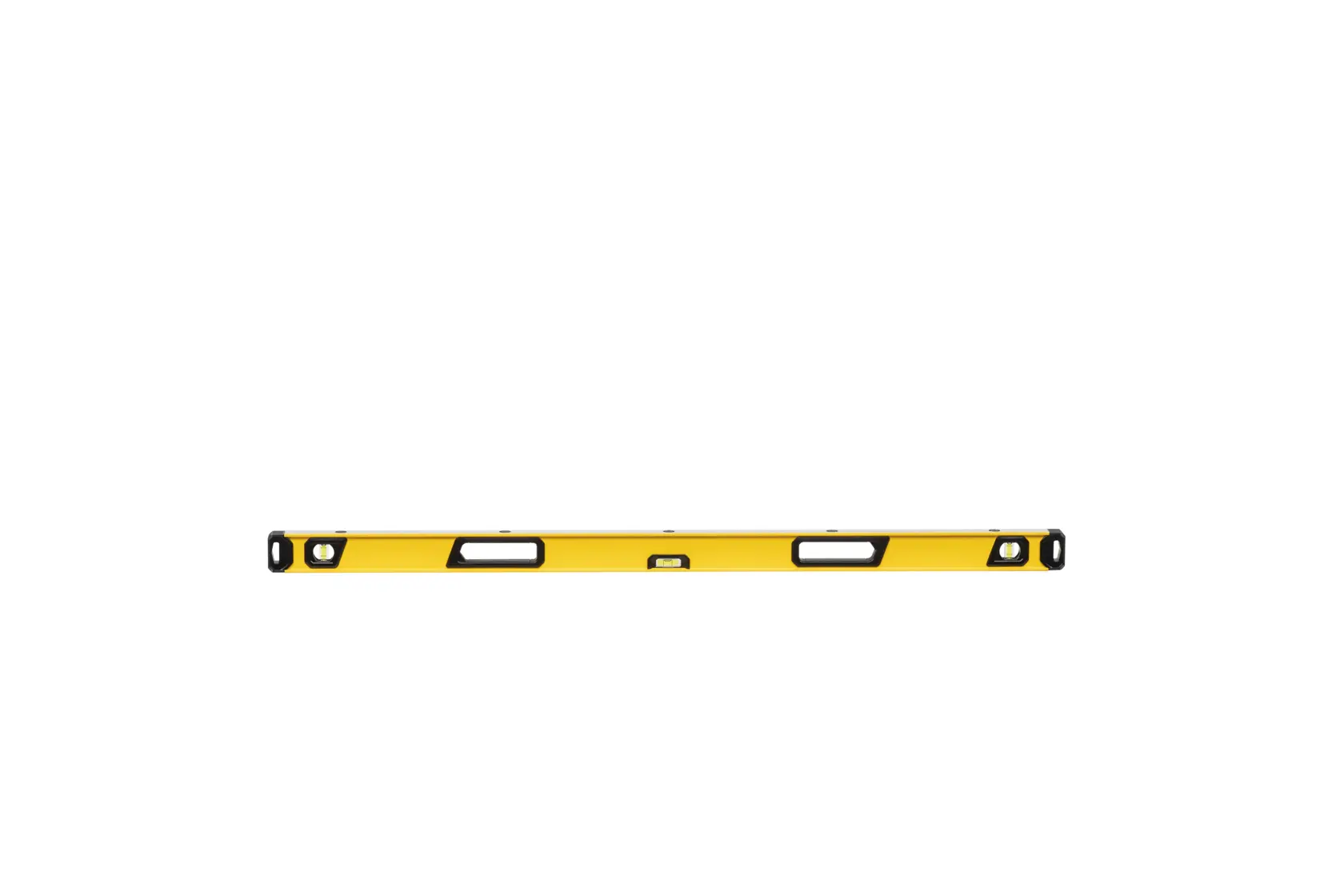 A yellow spirit level tool with three vials, designed for measuring horizontal and vertical alignment.