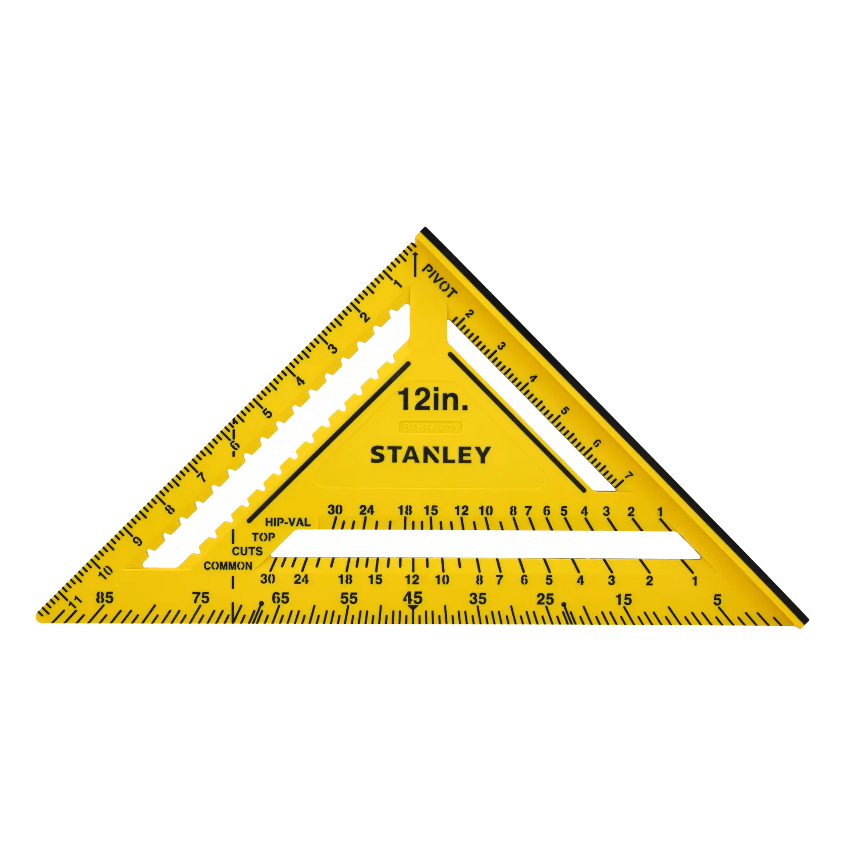 Stanley STHT46011 12-inch yellow plastic carpenter square, photography of front angle on white background.