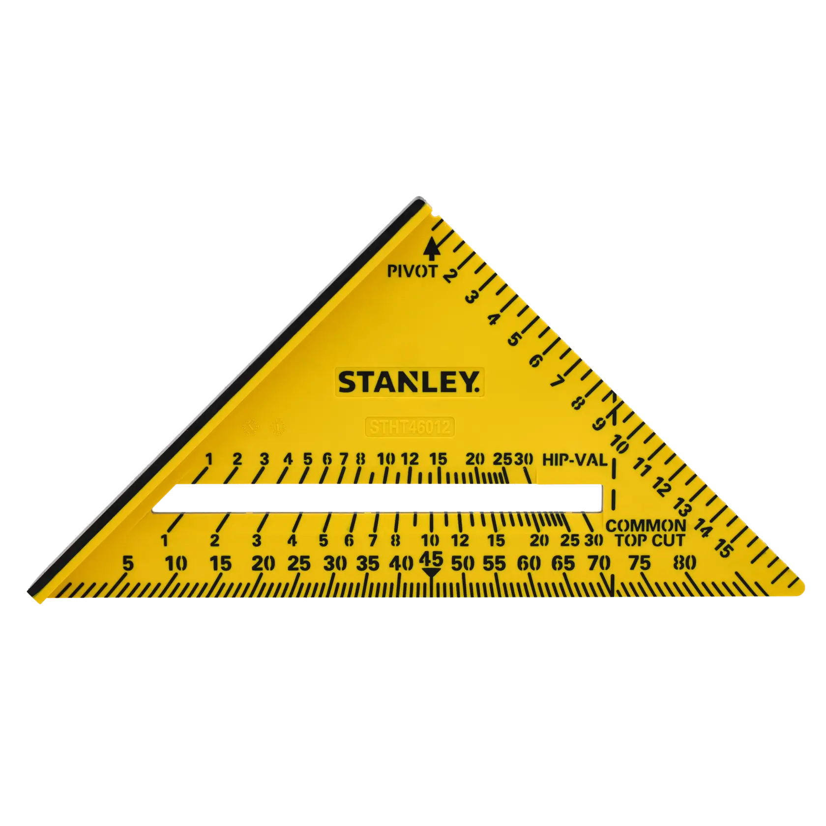 STANLEY STHT46012-0 yellow triangle rafter square with black markings, photographed from above on white background.