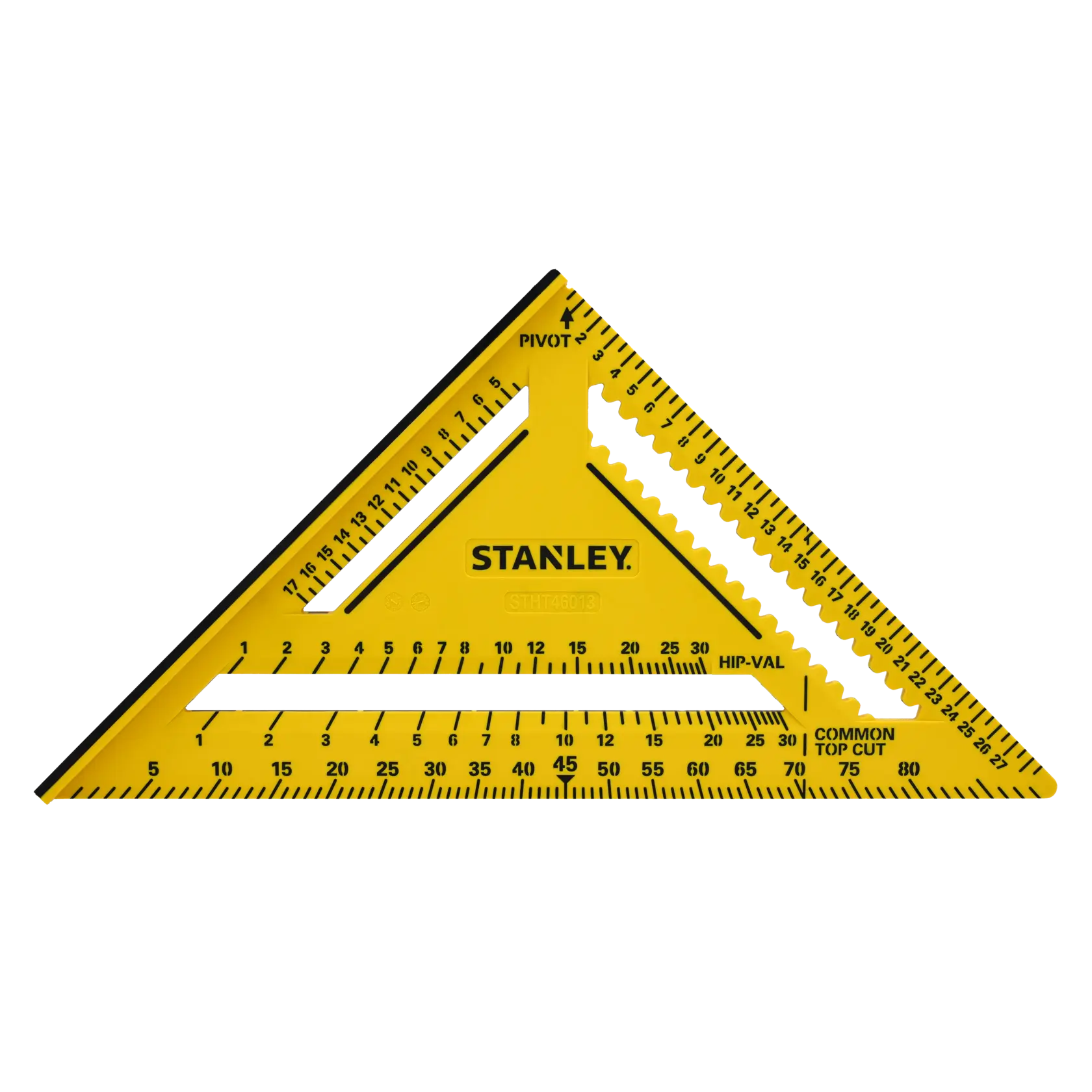 STANLEY STHT46013-0 yellow plastic rafter square with black markings, photographed from front on white background.