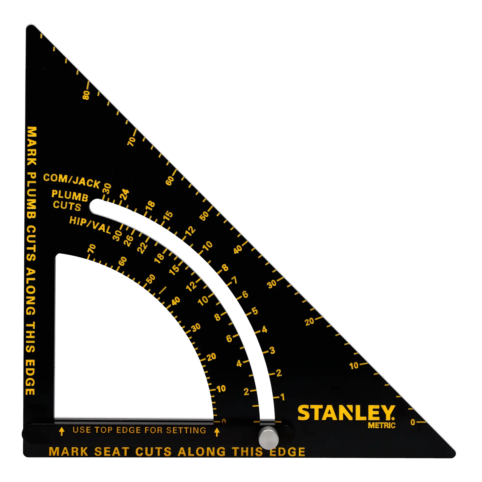STANLEY STHT46054-0 black and yellow metric rafter square, side angle, featuring measurement markings and protractor slot.