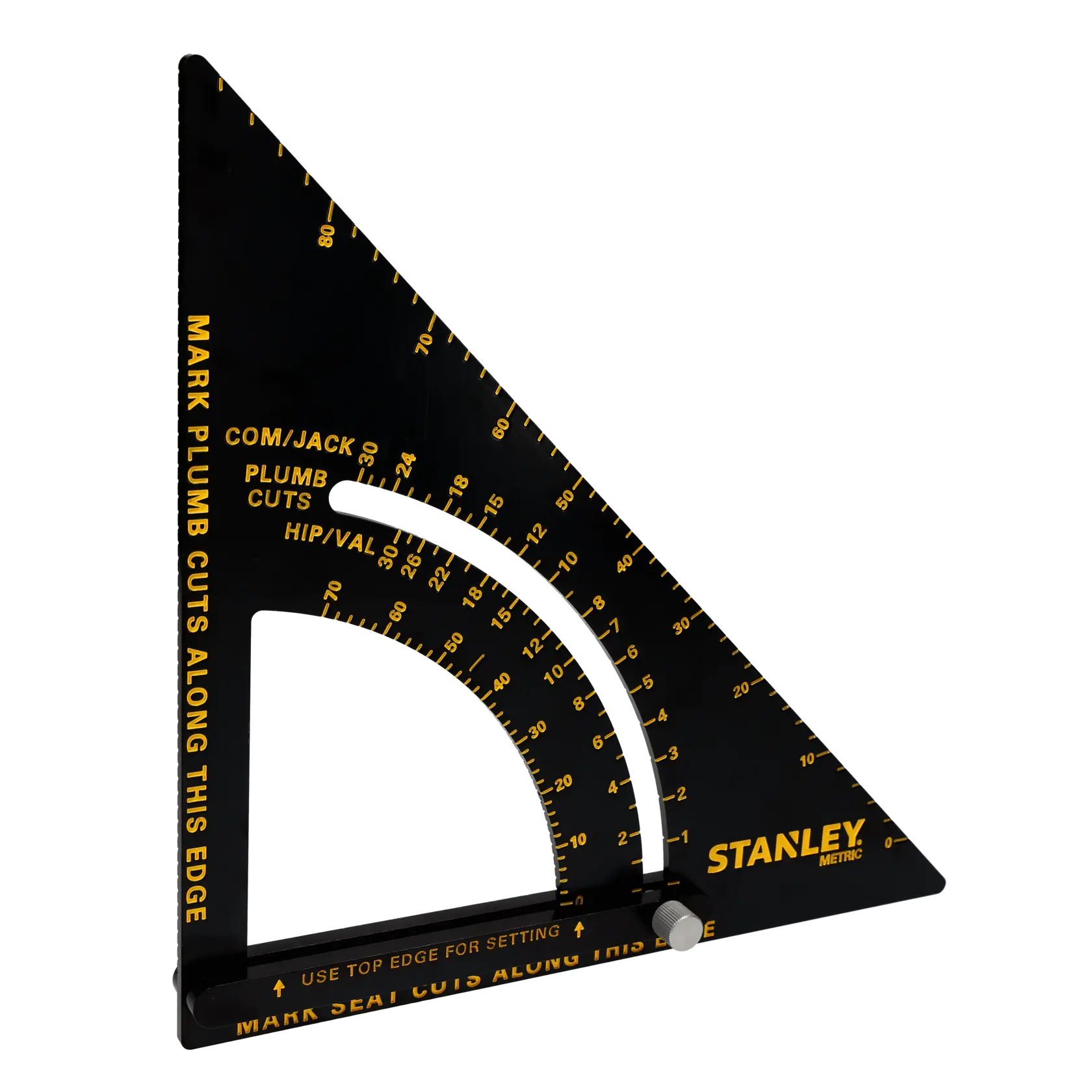 STANLEY STHT46054-0 black metric quick square with yellow markings, front angle on white background.