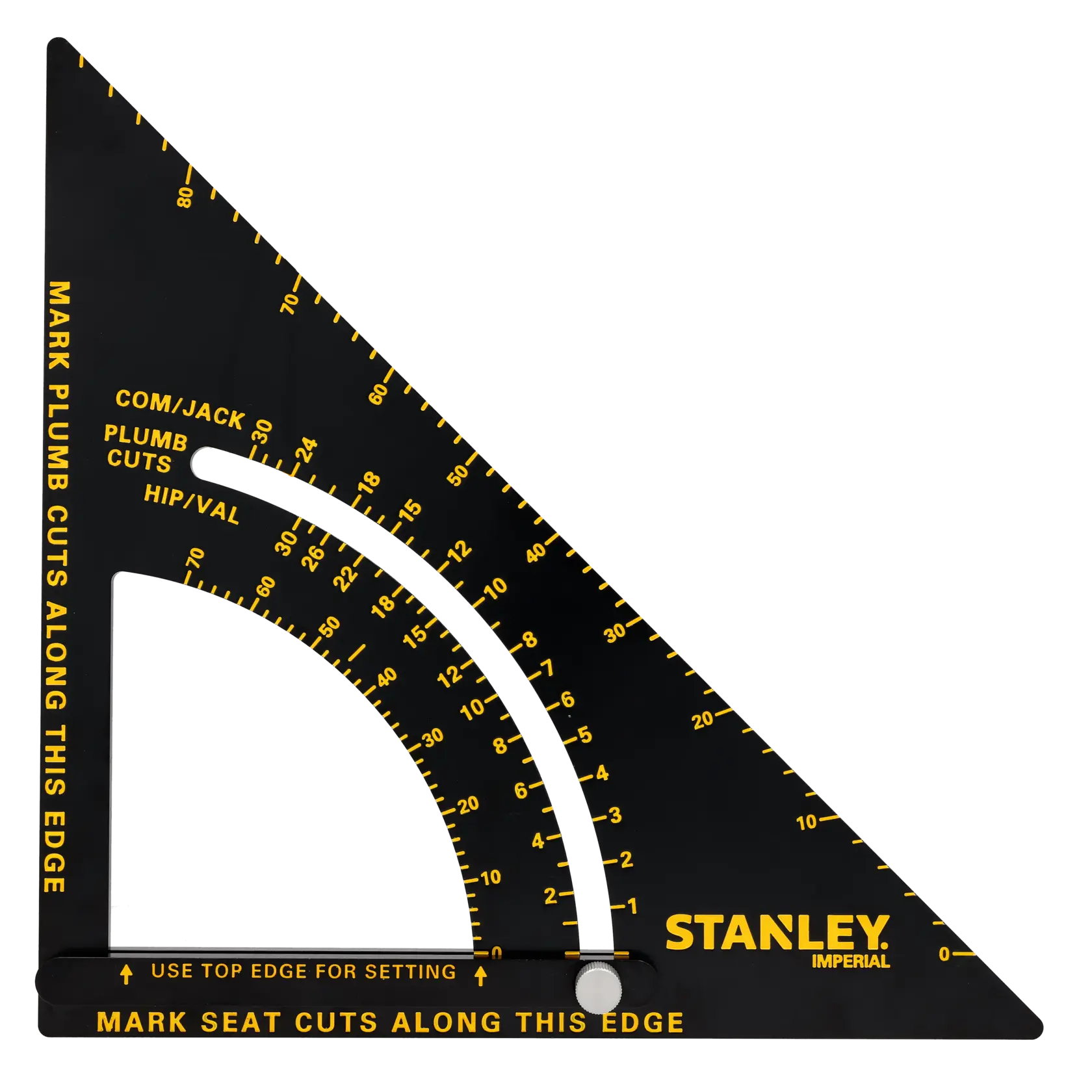 STANLEY STHT46055-0 photography of black and yellow imperial carpenter square, angled on white background.