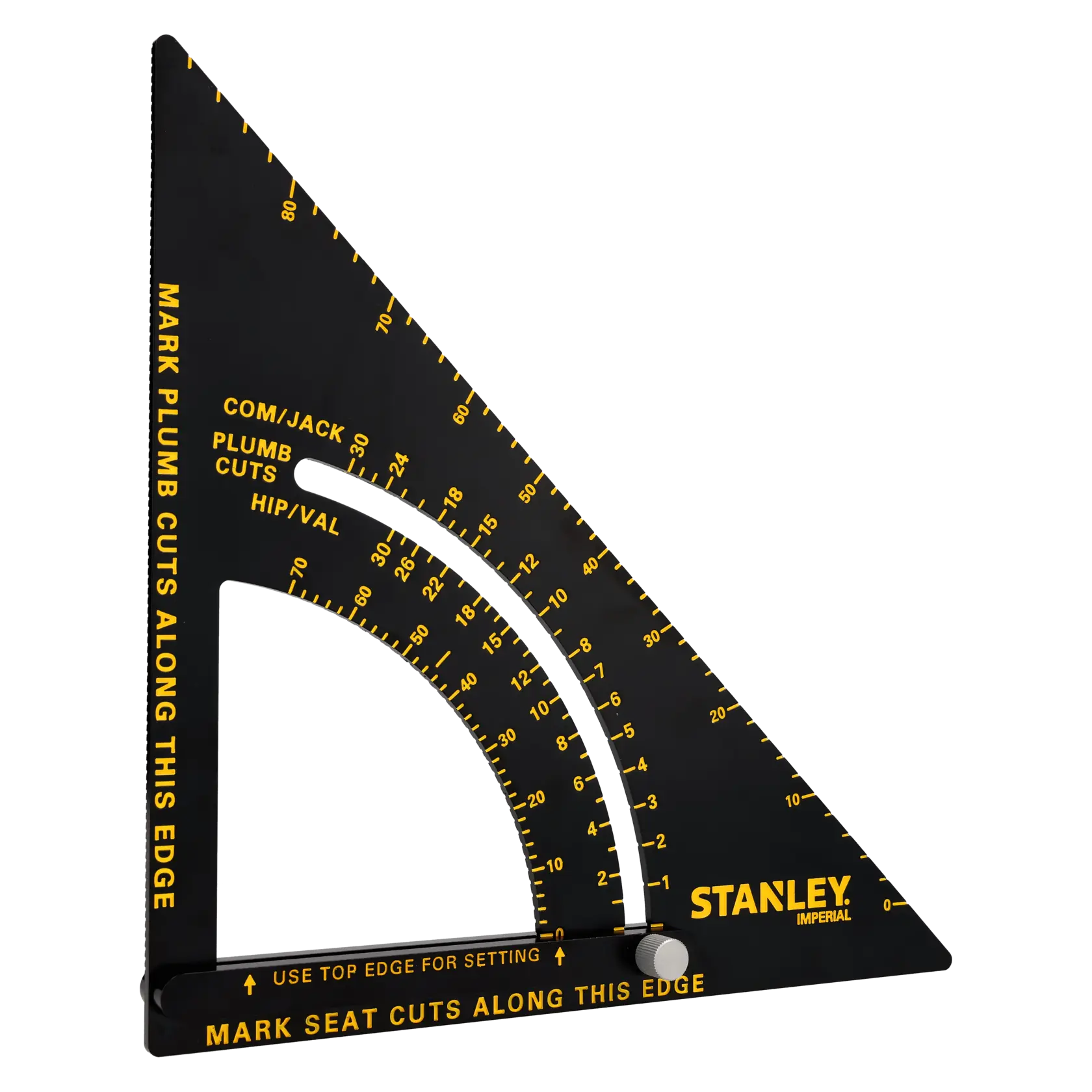 STANLEY STHT46055-0 black rafter square with yellow markings, photography of product at angle on white background.