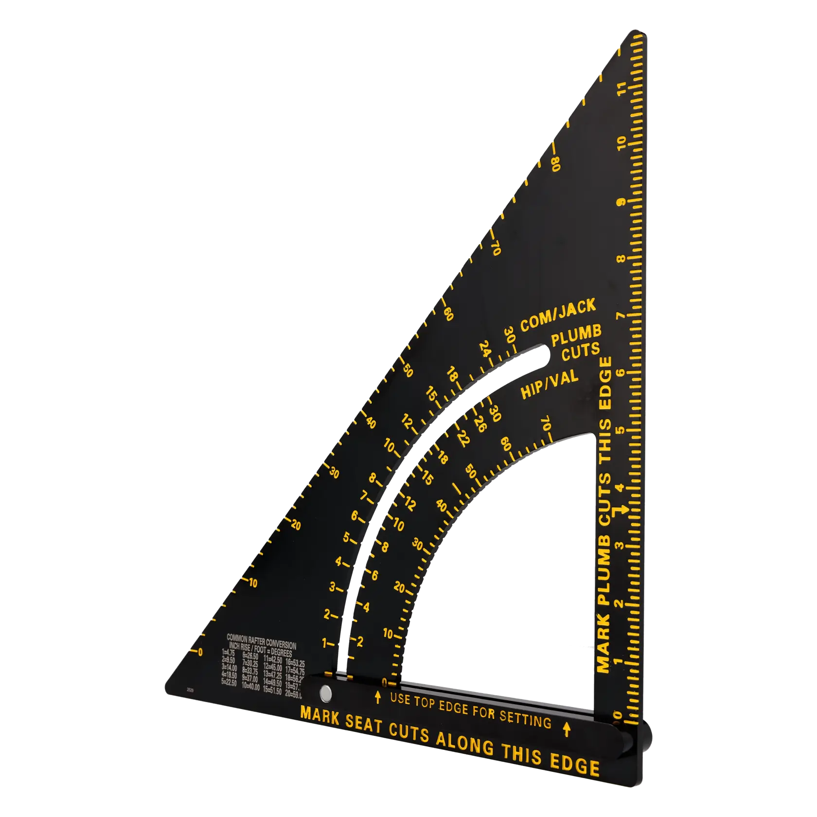 STANLEY STHT46055-0 black and yellow aluminum rafter square with measurement markings, angled view on white background.