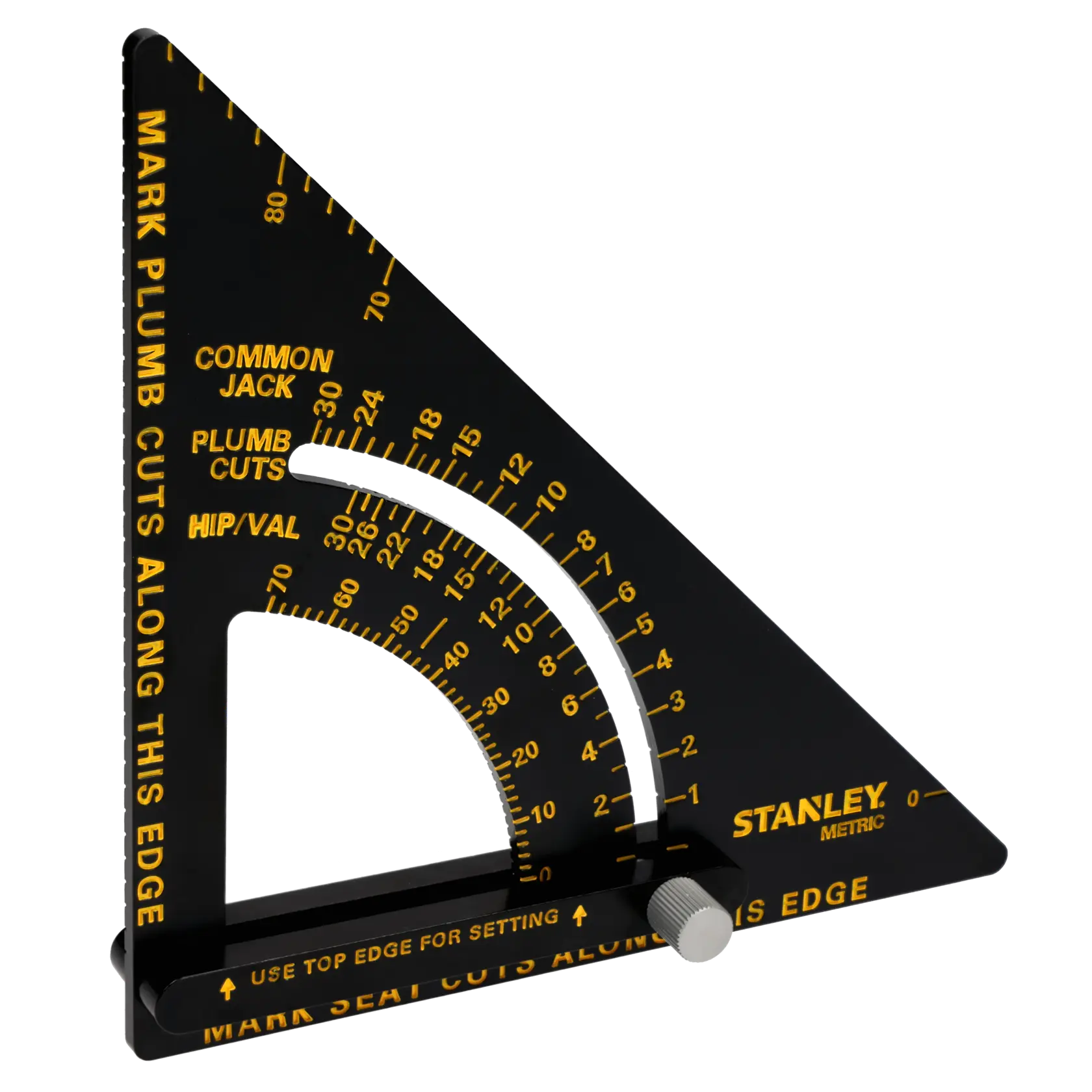 STANLEY STHT46056-0 black metric rafter square with yellow markings, side angle, for carpentry measurements.