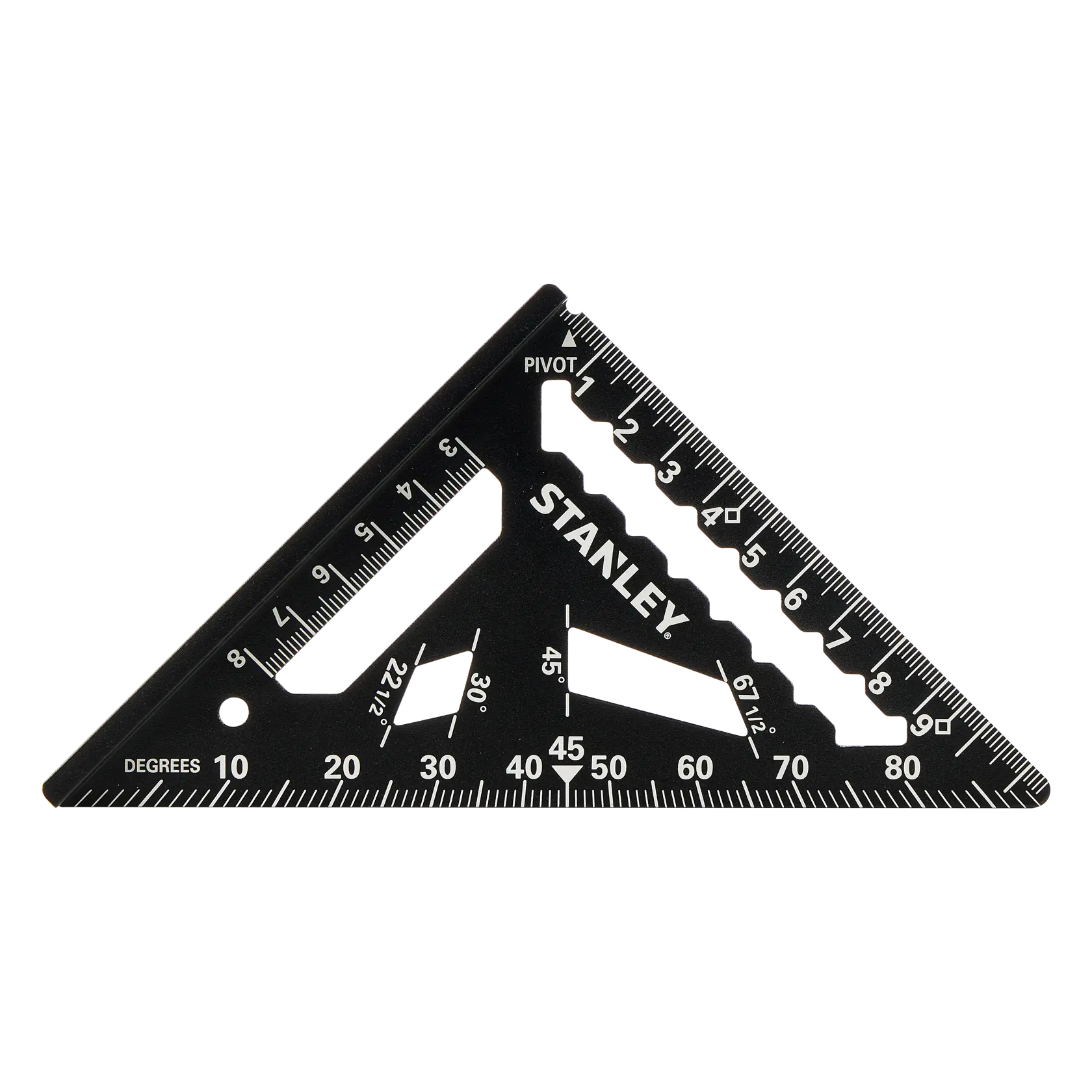 STANLEY STHT46100-0 black carpenter's square with white markings, photography, front angle on white background.