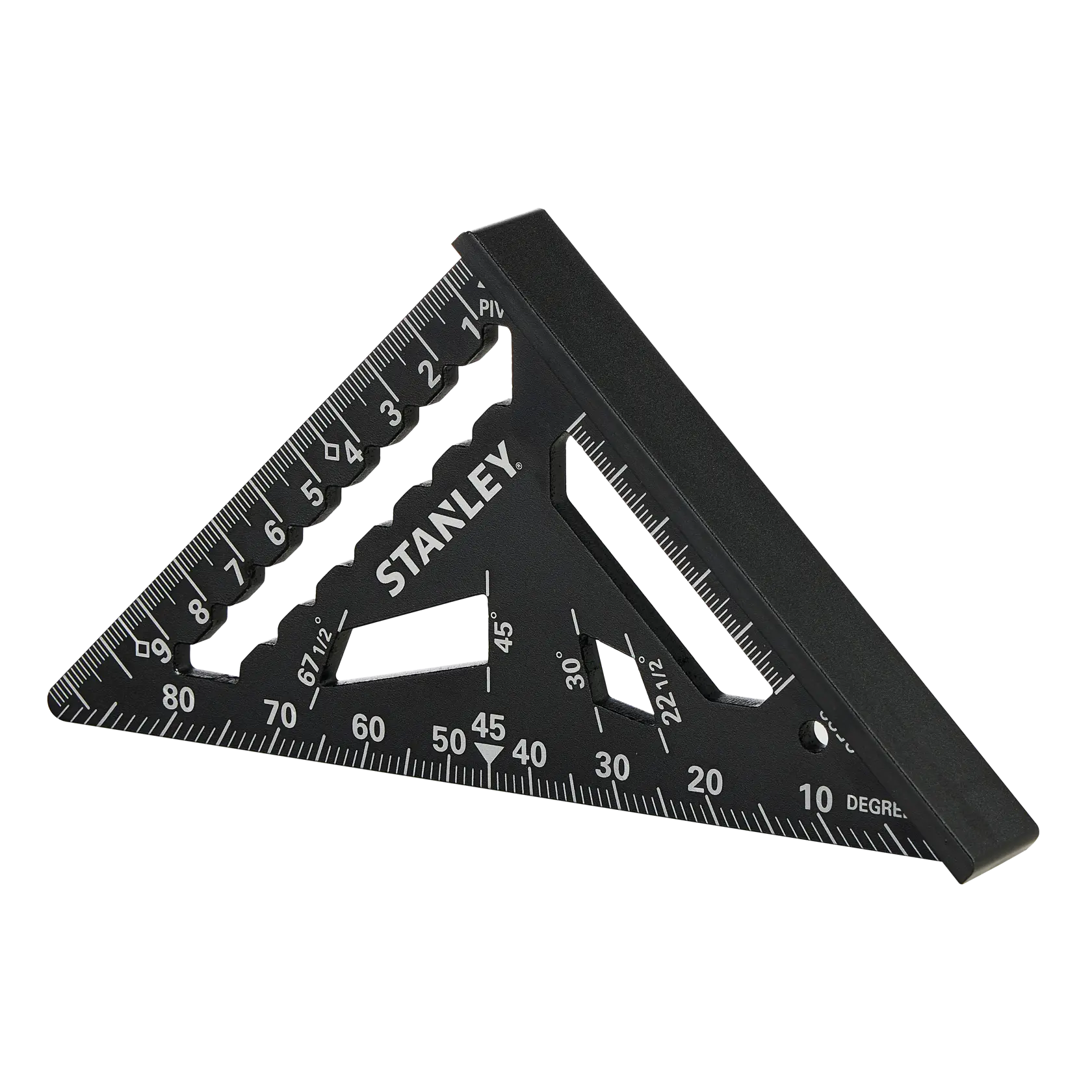 STANLEY STHT46100-0 black triangular rafter square with measurement markings, front angle on white background.