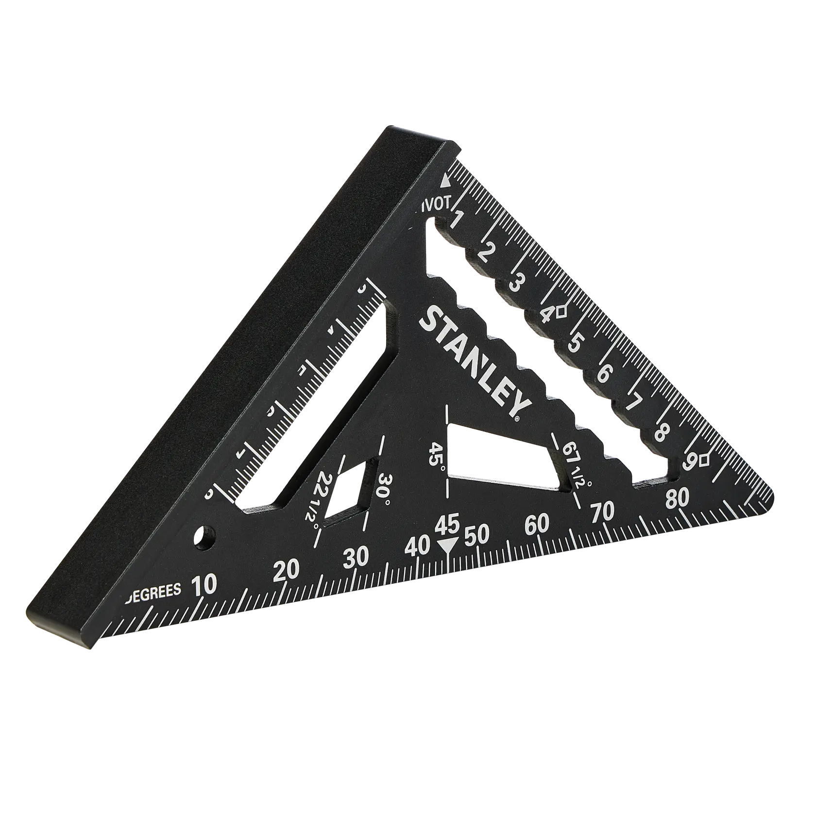 STANLEY STHT46100-0 black triangular rafter square with white measurement markings, front angle, on white background.