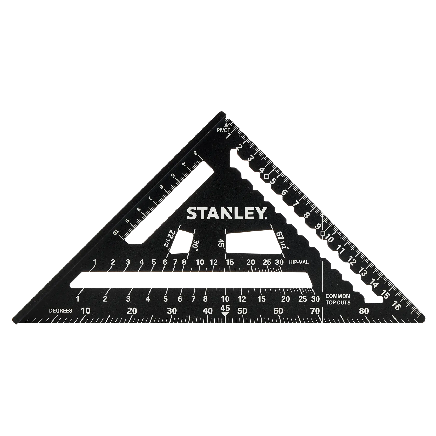 STANLEY STHT46101-0 black metal rafter square with white markings, triangle shape, top view, photography product.