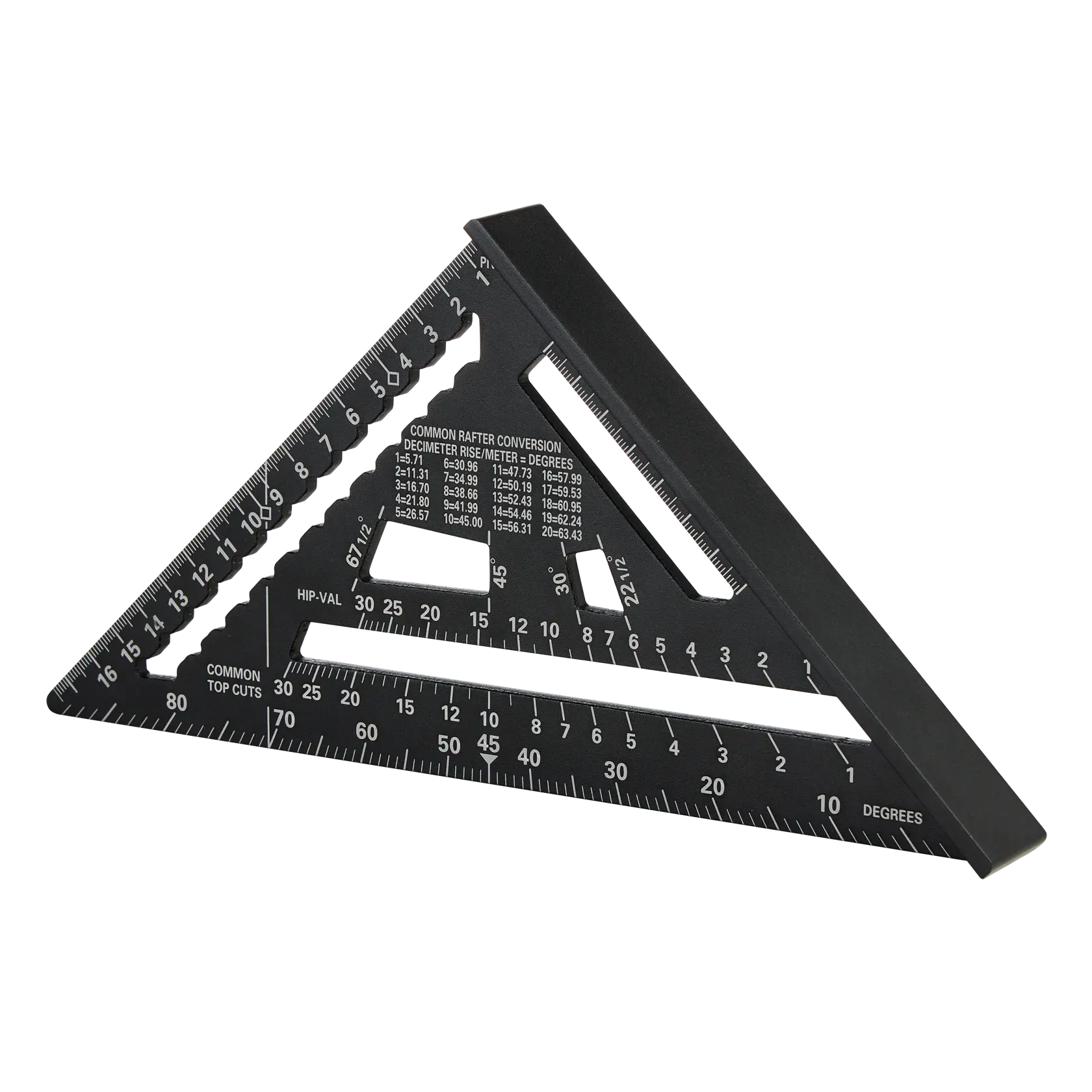 STANLEY STHT46101-0 photography of black triangular rafter square with white markings, front angle.