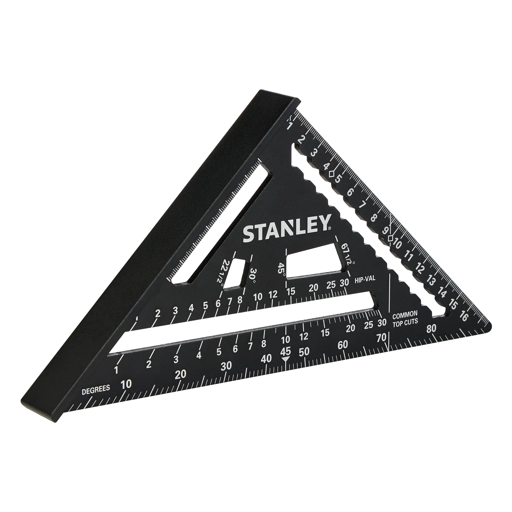 STANLEY STHT46101-0 black triangular speed square with white markings, photography, angled view on white background.