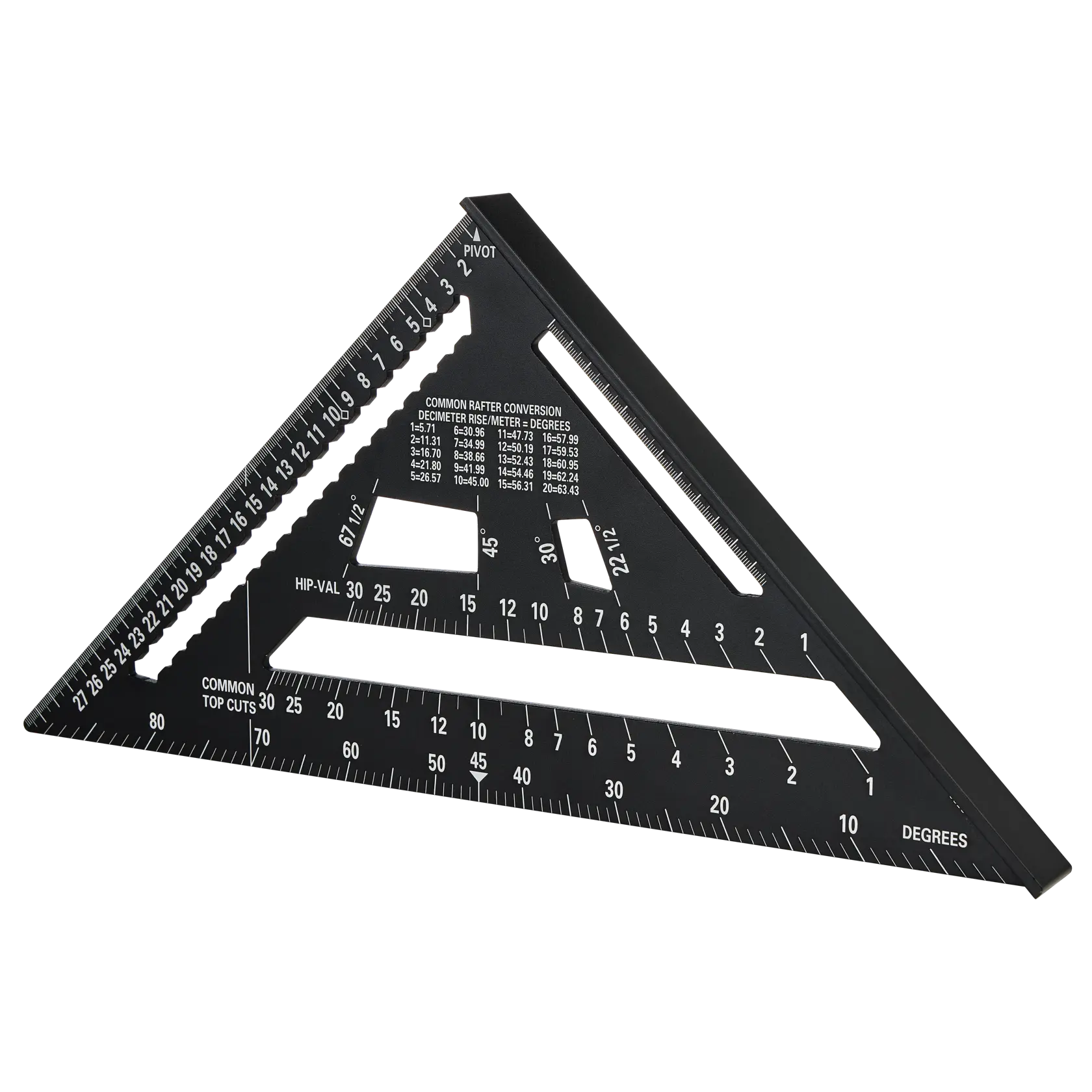 STANLEY STHT46102-0 black plastic rafter square, top angle, marked with metric and degree scales.