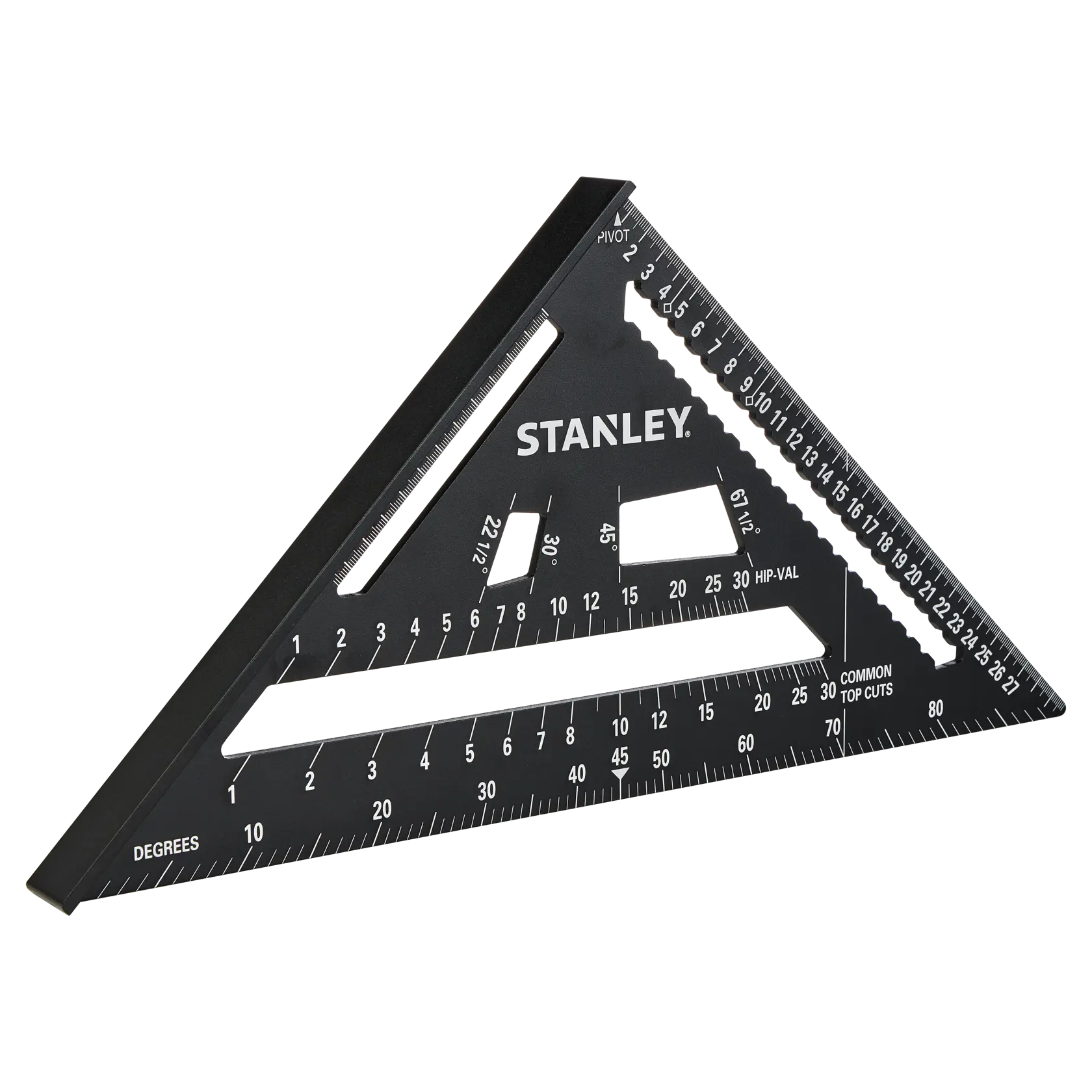 STANLEY STHT46102-0 black triangular carpenter's square, side angle, with white measurement markings.