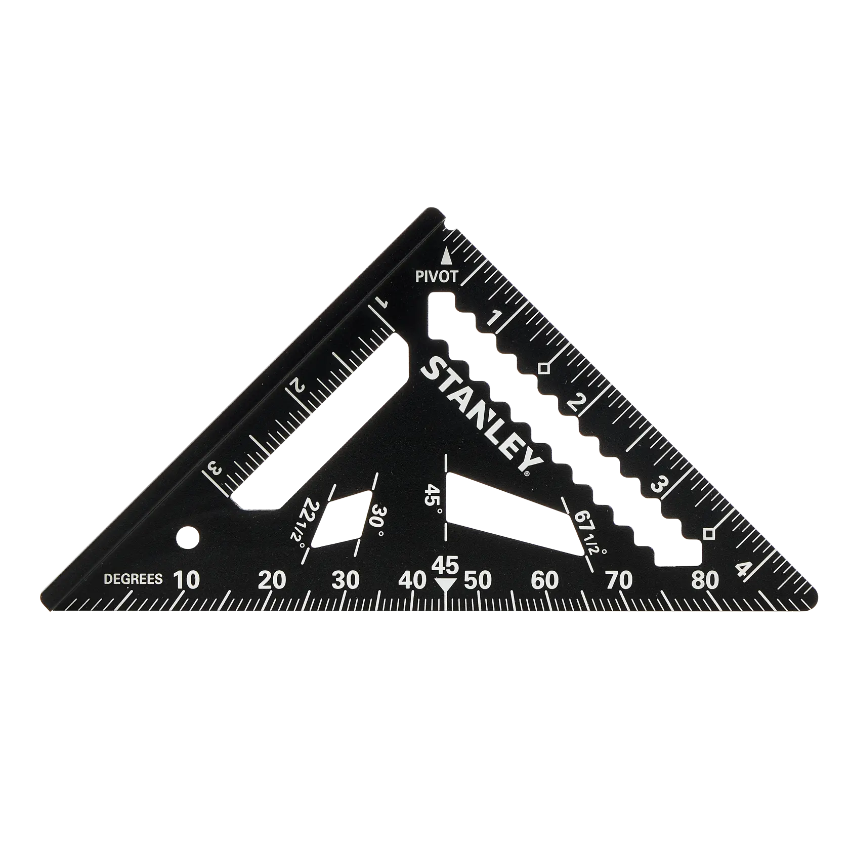 STANLEY STHT46103-0 black aluminum rafter square with white markings, shown flat on white background.