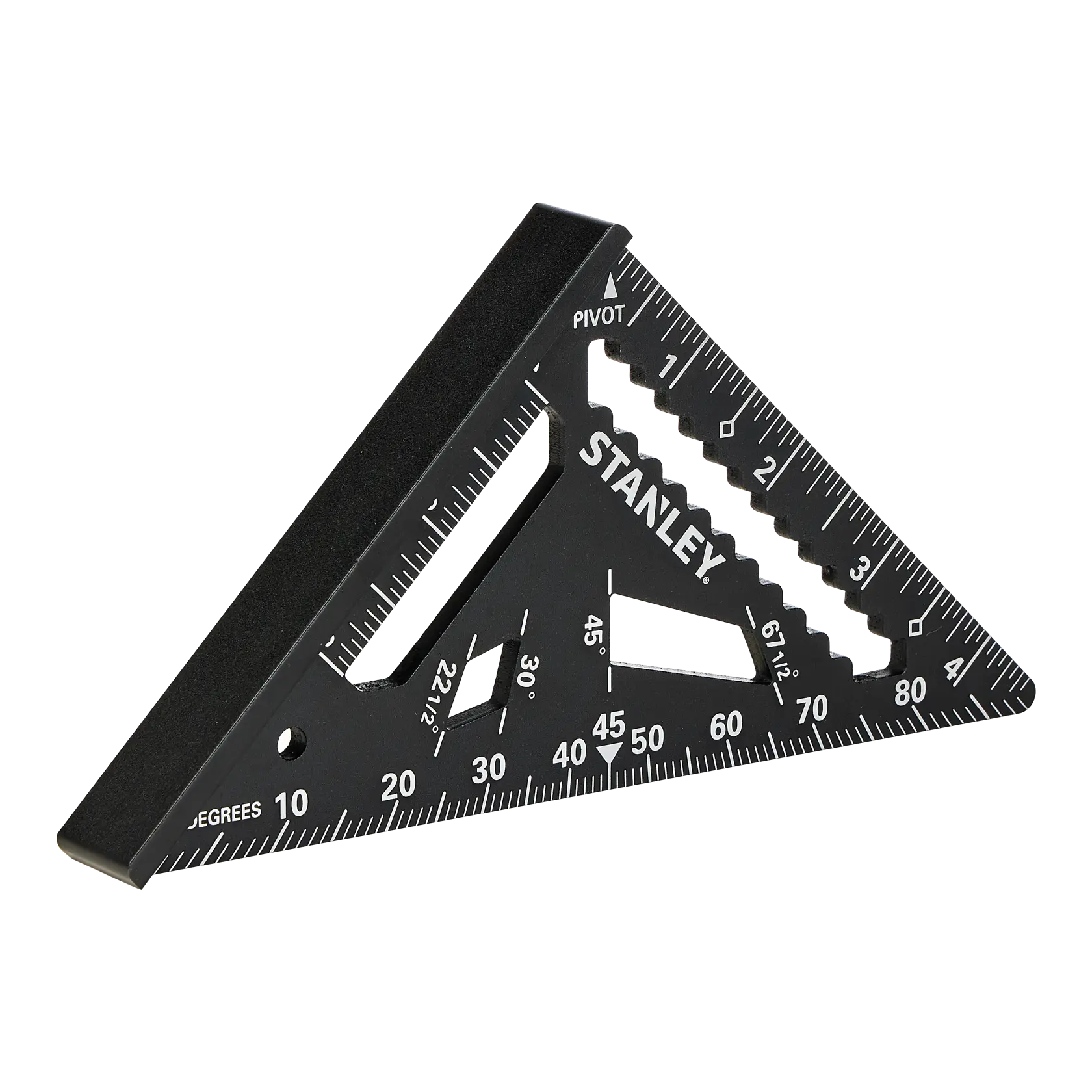 STANLEY STHT46103-0 photography of black triangular measuring square tool, side angle, white background.