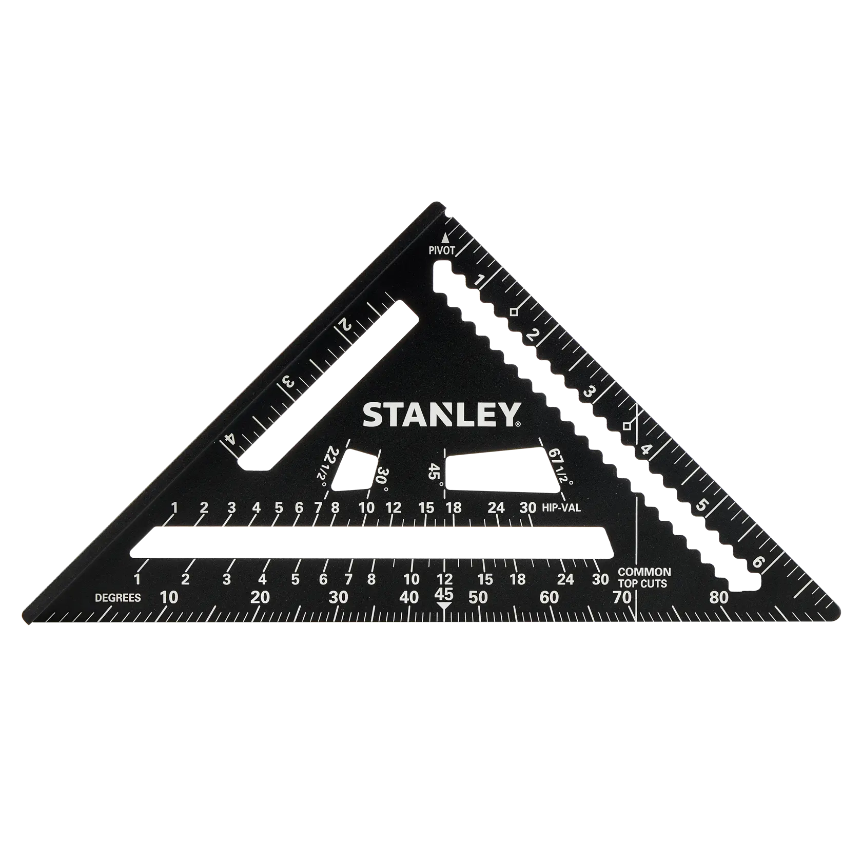 Stanley STHT46104-0 photography of black triangular carpenter’s square with printed measurement markings, front angle.