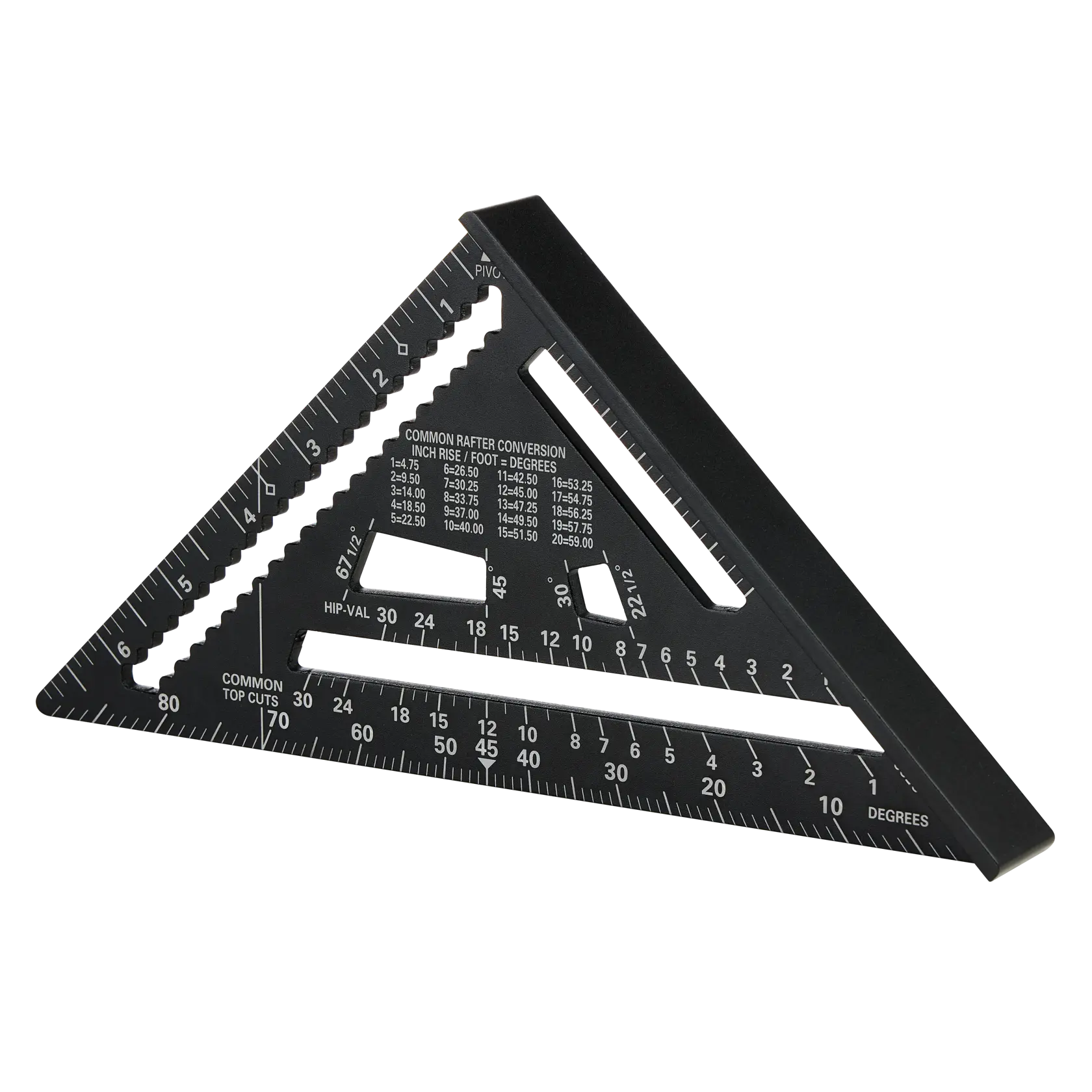 STANLEY STHT46104-0 black aluminum rafter square with printed measurement markings, angled on white background.
