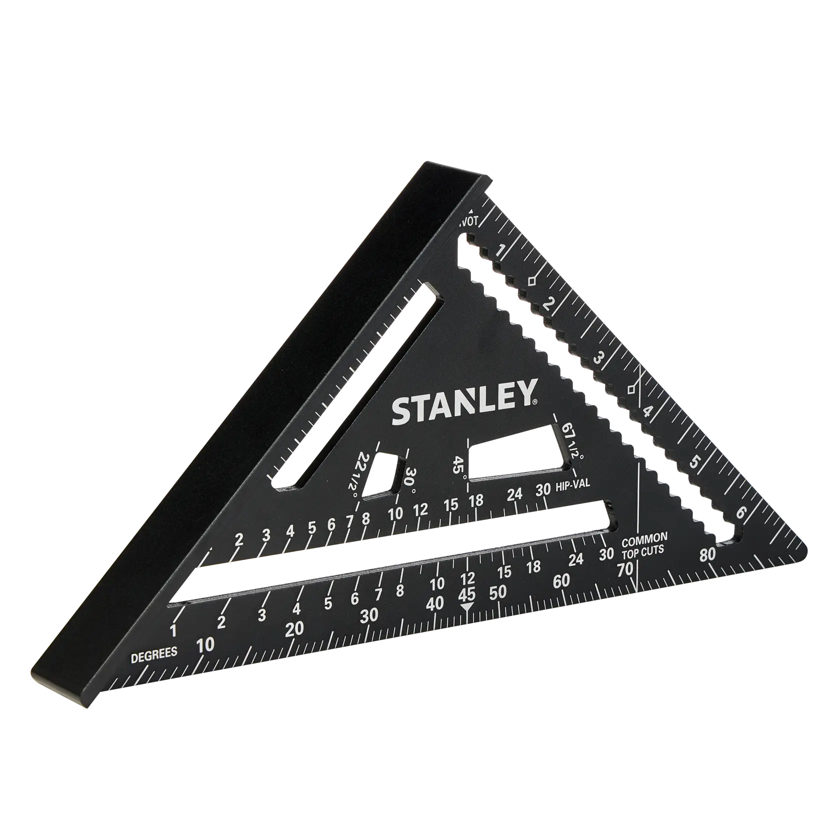 STANLEY STHT46104-0 black plastic rafter square with white measurement markings, angled on white background.