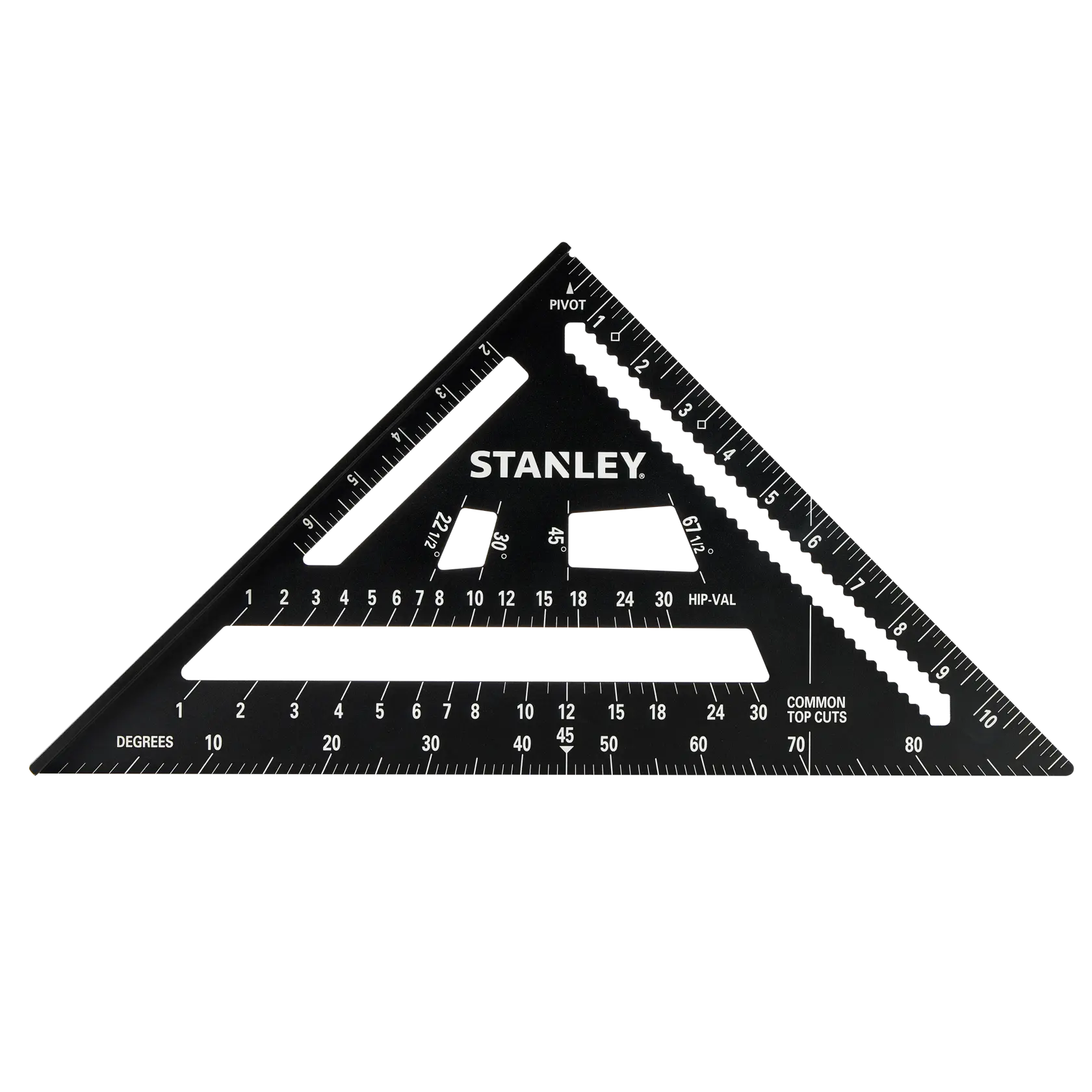 STANLEY STHT46105-0 black aluminum rafter square with white markings, top view on white background.