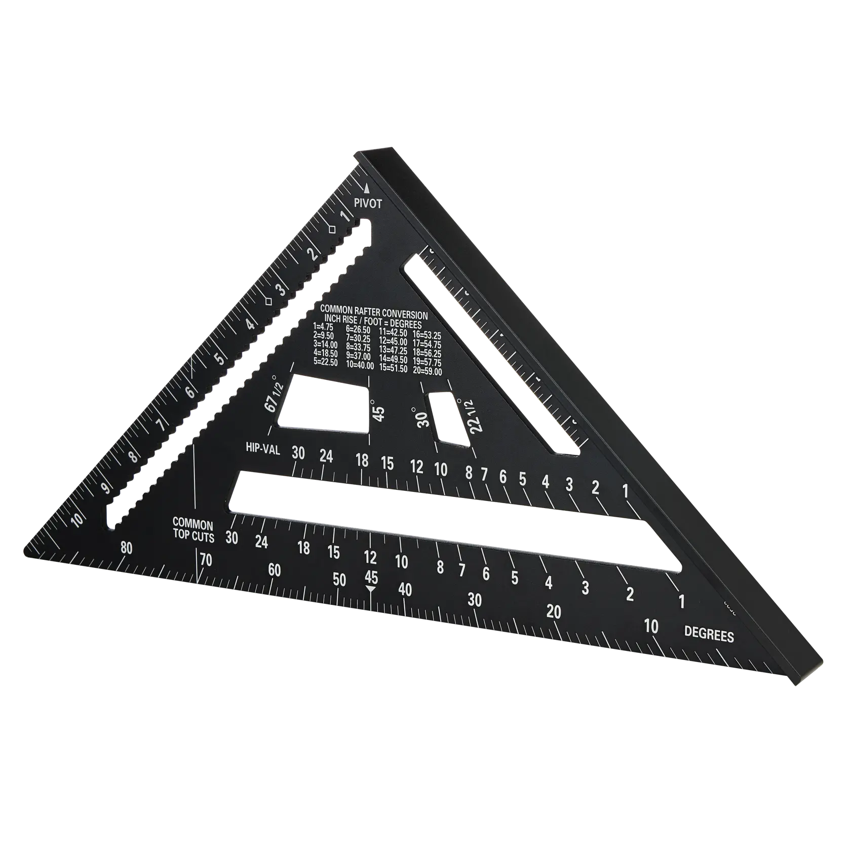 STANLEY STHT46105-0 black aluminum rafter square with white markings, top angle, on white background.