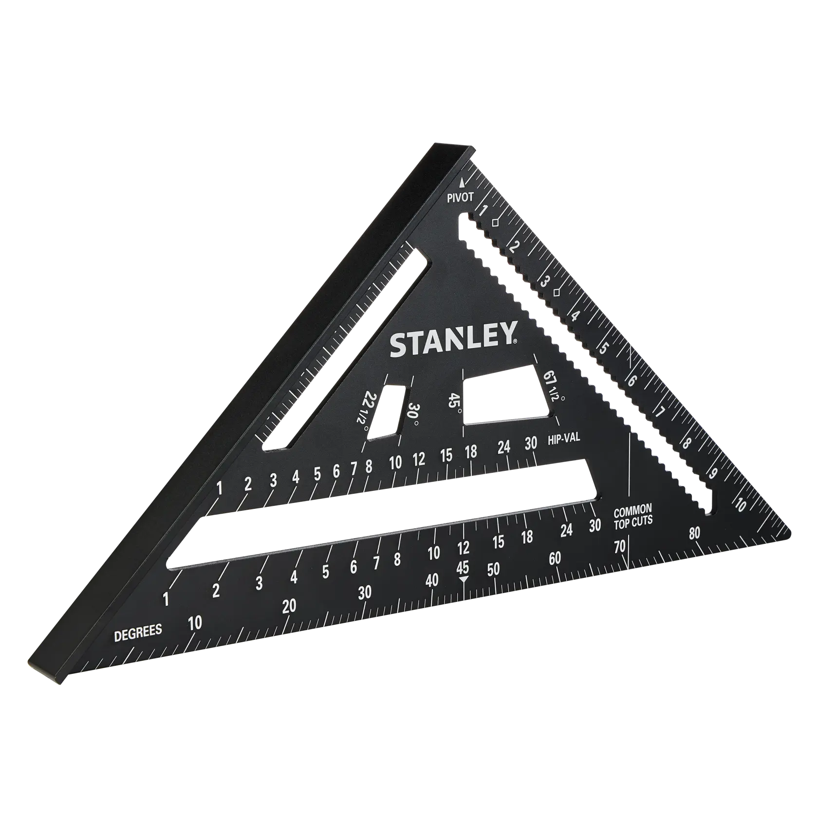 STANLEY STHT46105-0 black triangular rafter square with measurement markings, side angle, hand tool.