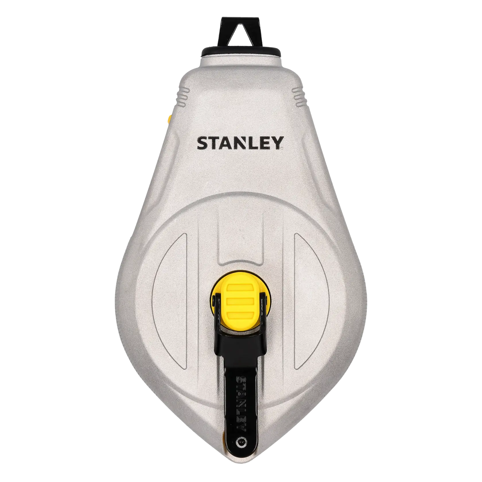 STANLEY STHT47110-0 chalk line reel in silver with yellow details, front angle on white background.
