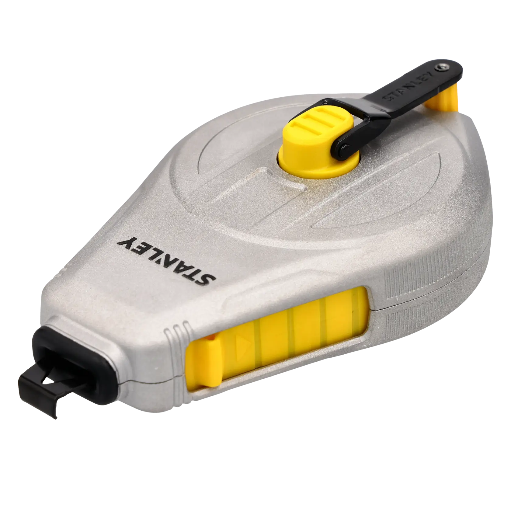 Stanley STHT47110-0 chalk line reel, silver and yellow, angled front view on white background.