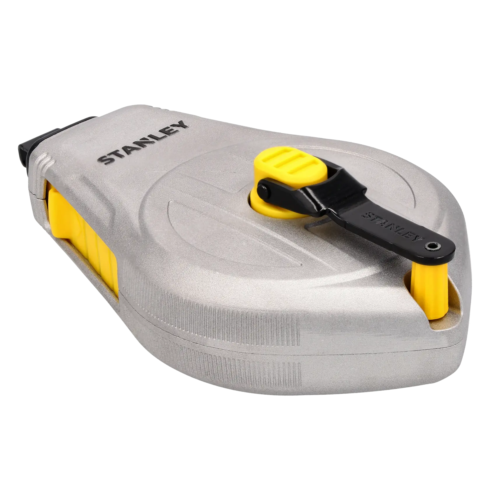 Stanley STHT47110-0 chalk line reel, silver and yellow, front angled view on white background.