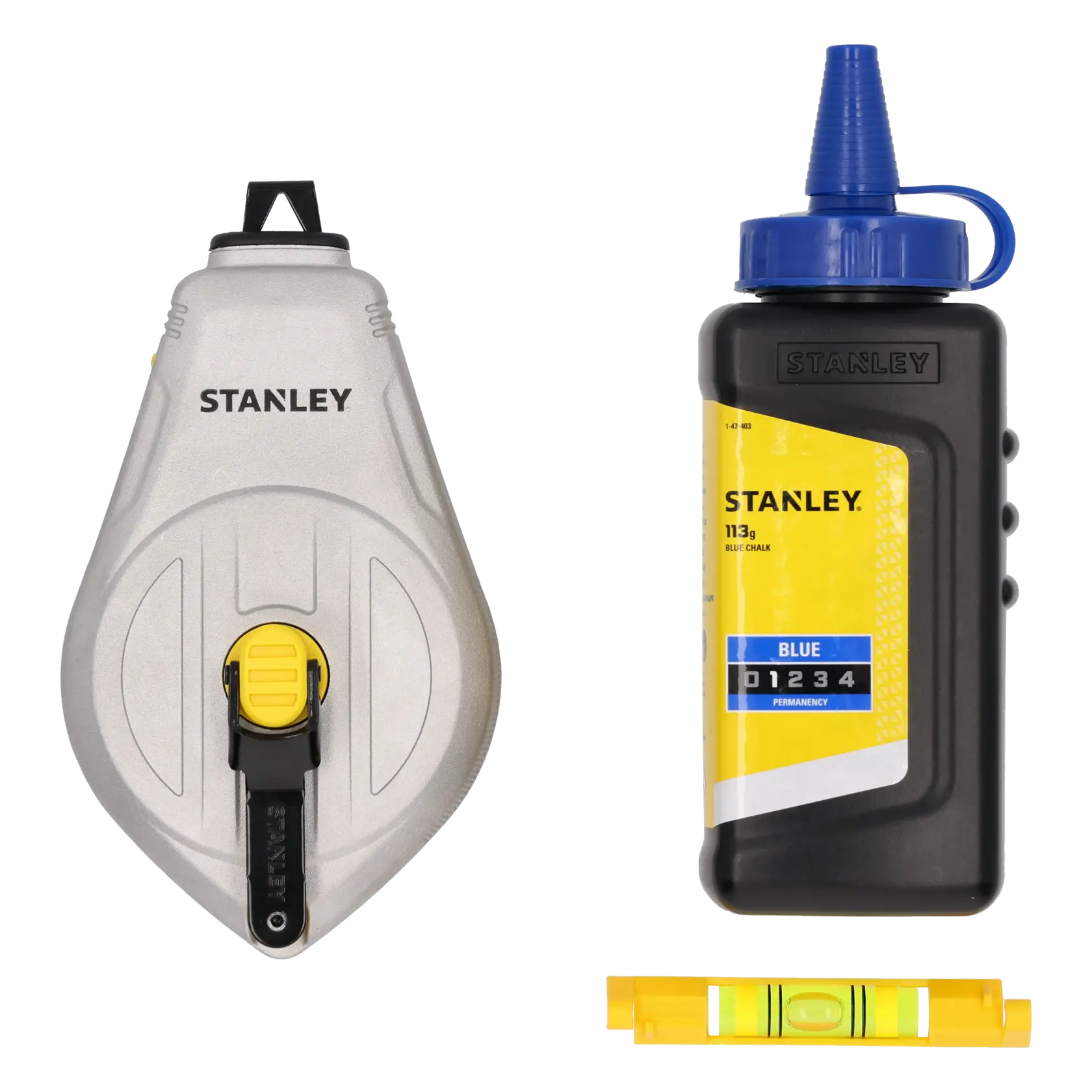STANLEY STHT47111 chalk line kit with silver chalk reel, blue chalk, and yellow mini level, front view.