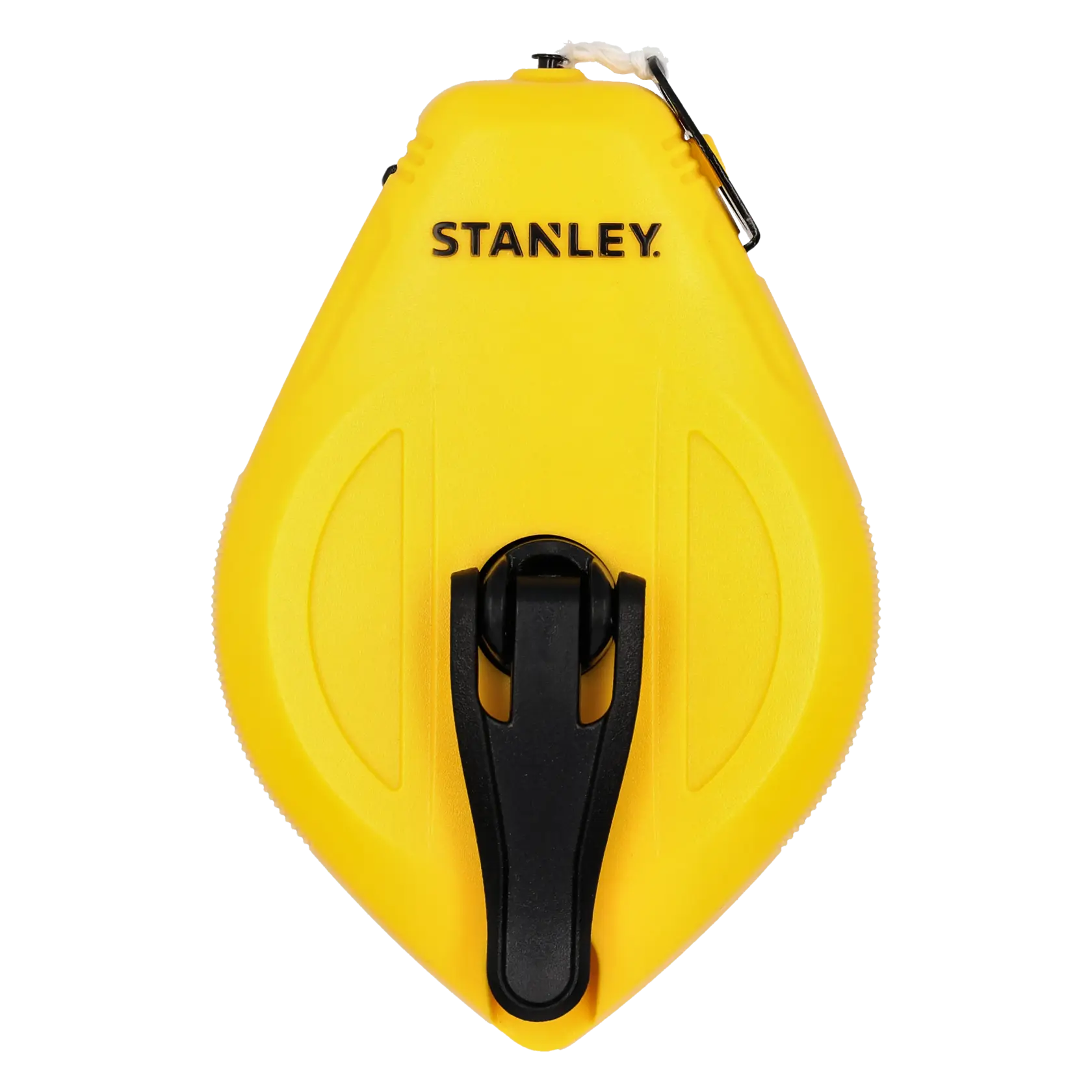 STANLEY STHT47112-0 yellow chalk line reel, front view on white background, black handle and hook visible.