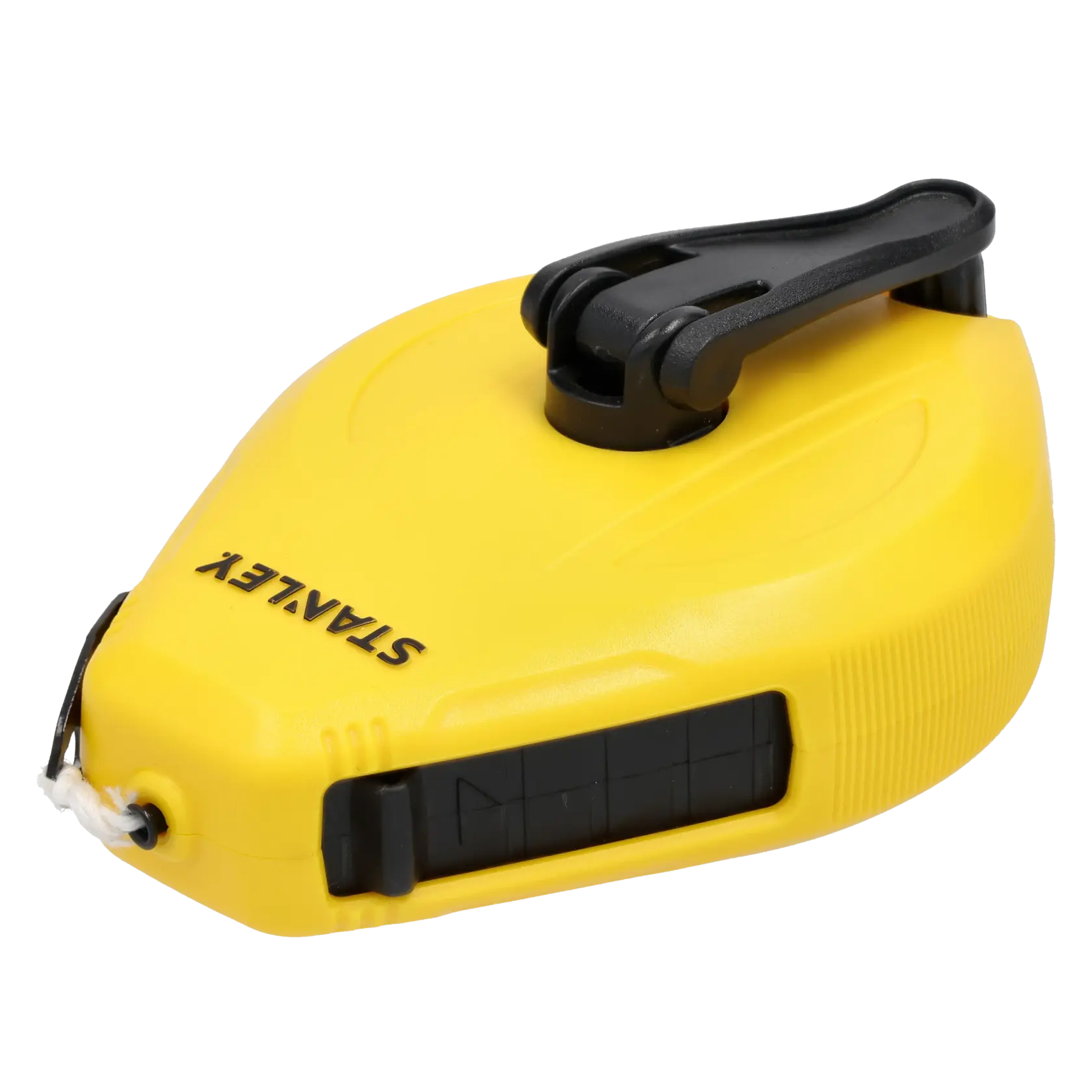 STANLEY STHT47112-0 yellow chalk line reel, photography, angled view on white background.