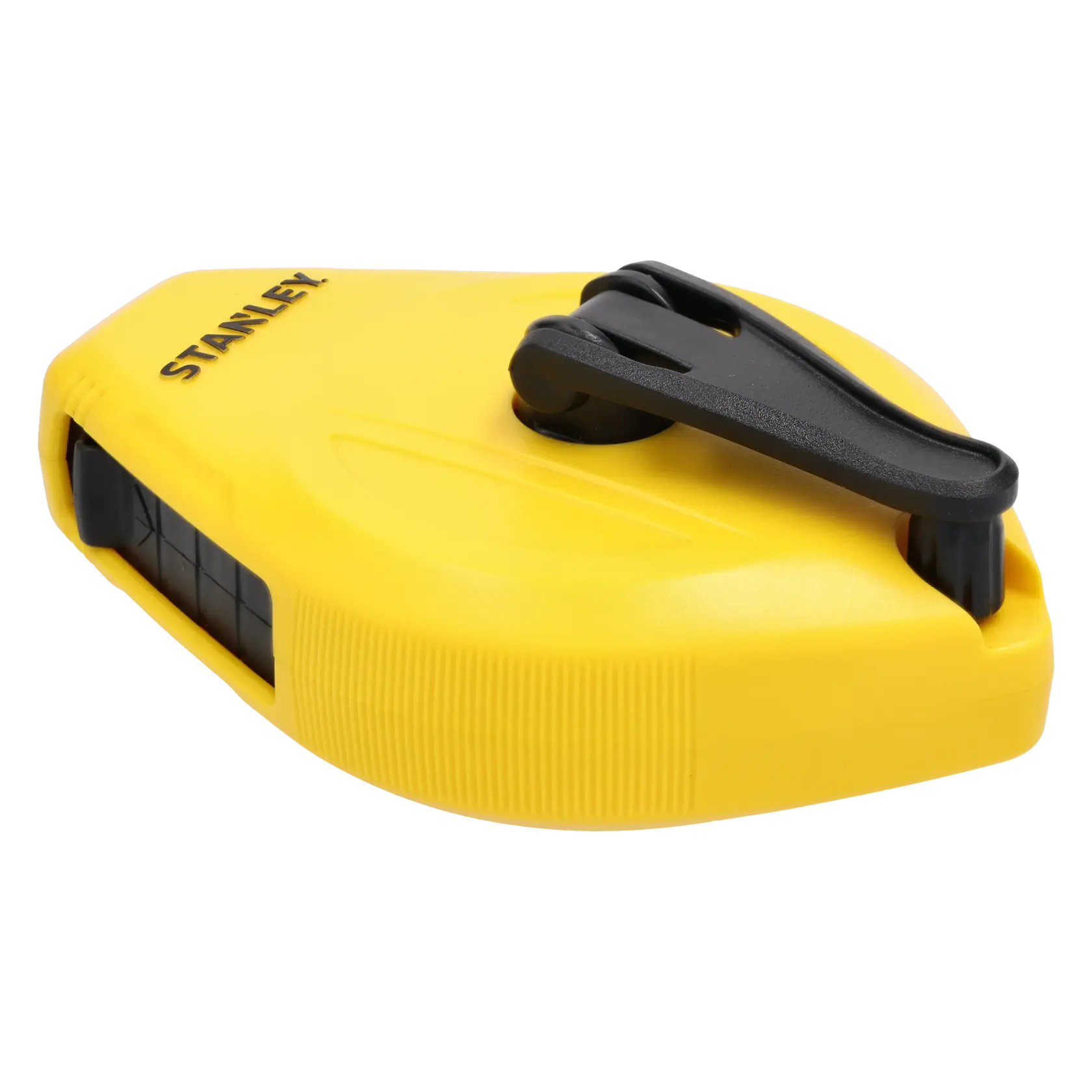 STANLEY STHT47112-0 yellow chalk line reel, angled front view, black clip and markings visible.