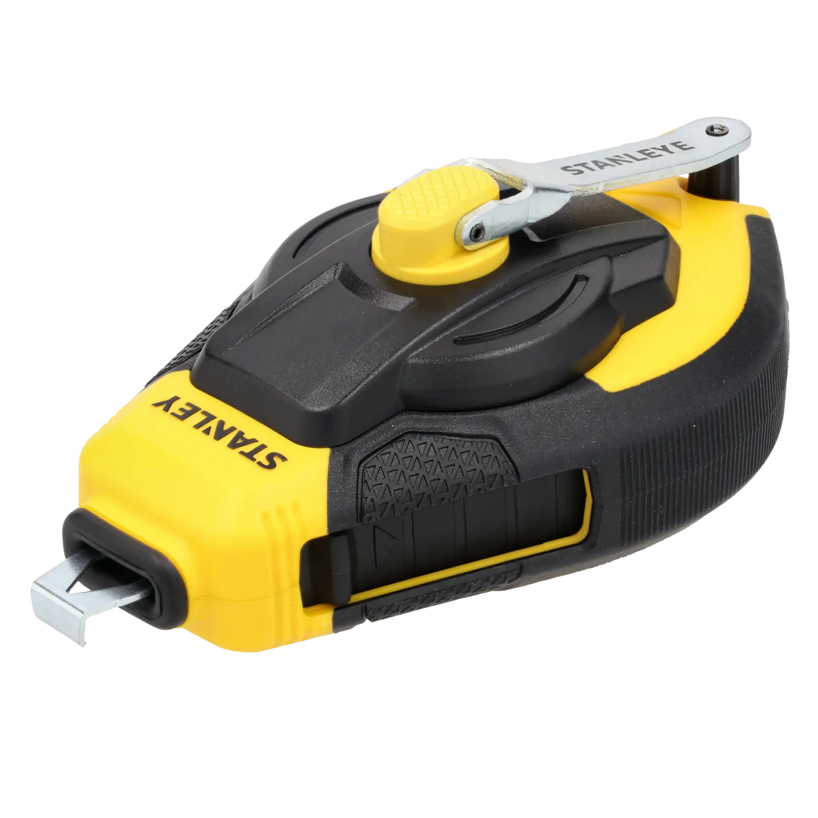 STANLEY STHT47311-0 chalk line reel, black and yellow, three-quarter angle on white background.