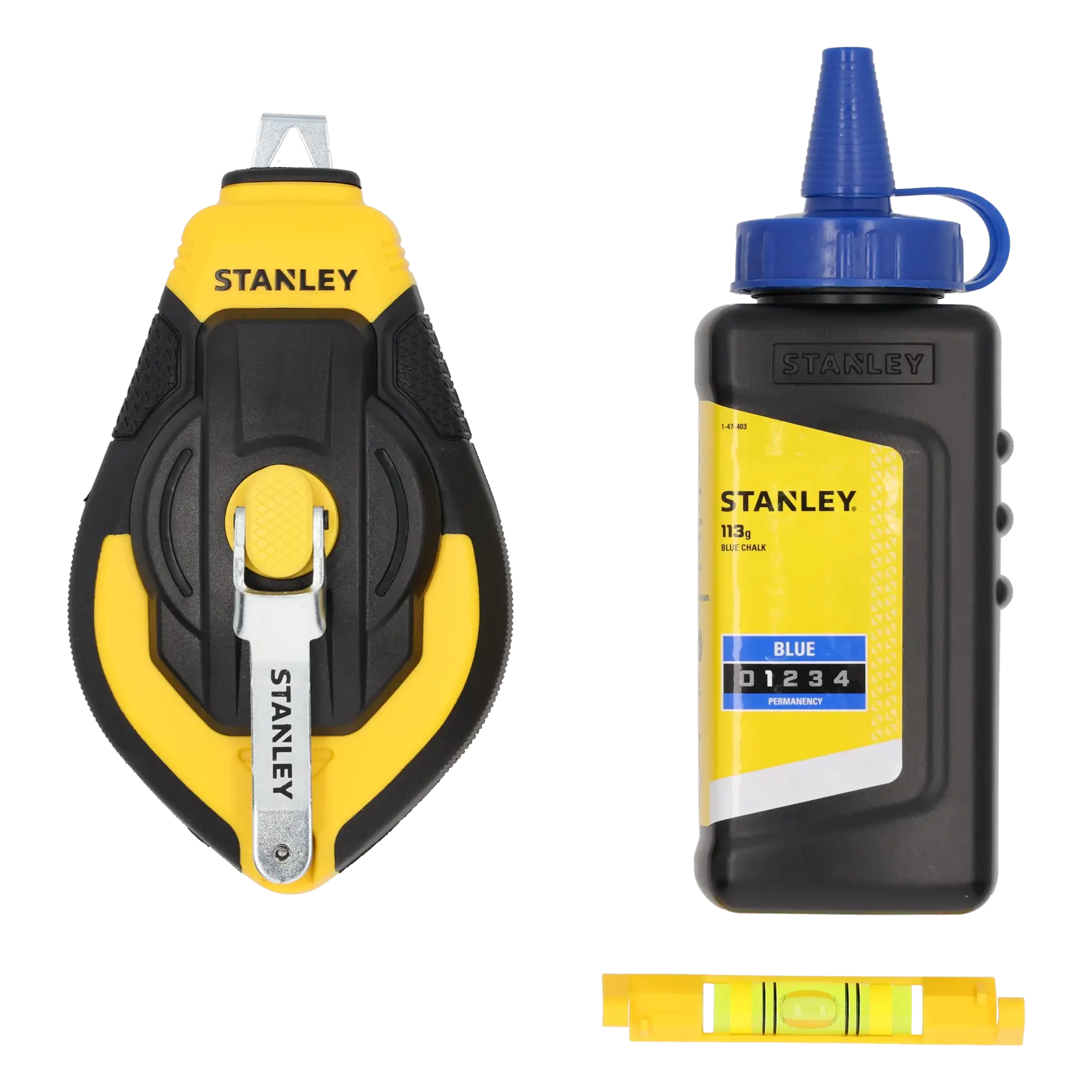 STANLEY STHT47312-0 chalk line kit with yellow chalk line reel, blue chalk and small spirit level, front view.