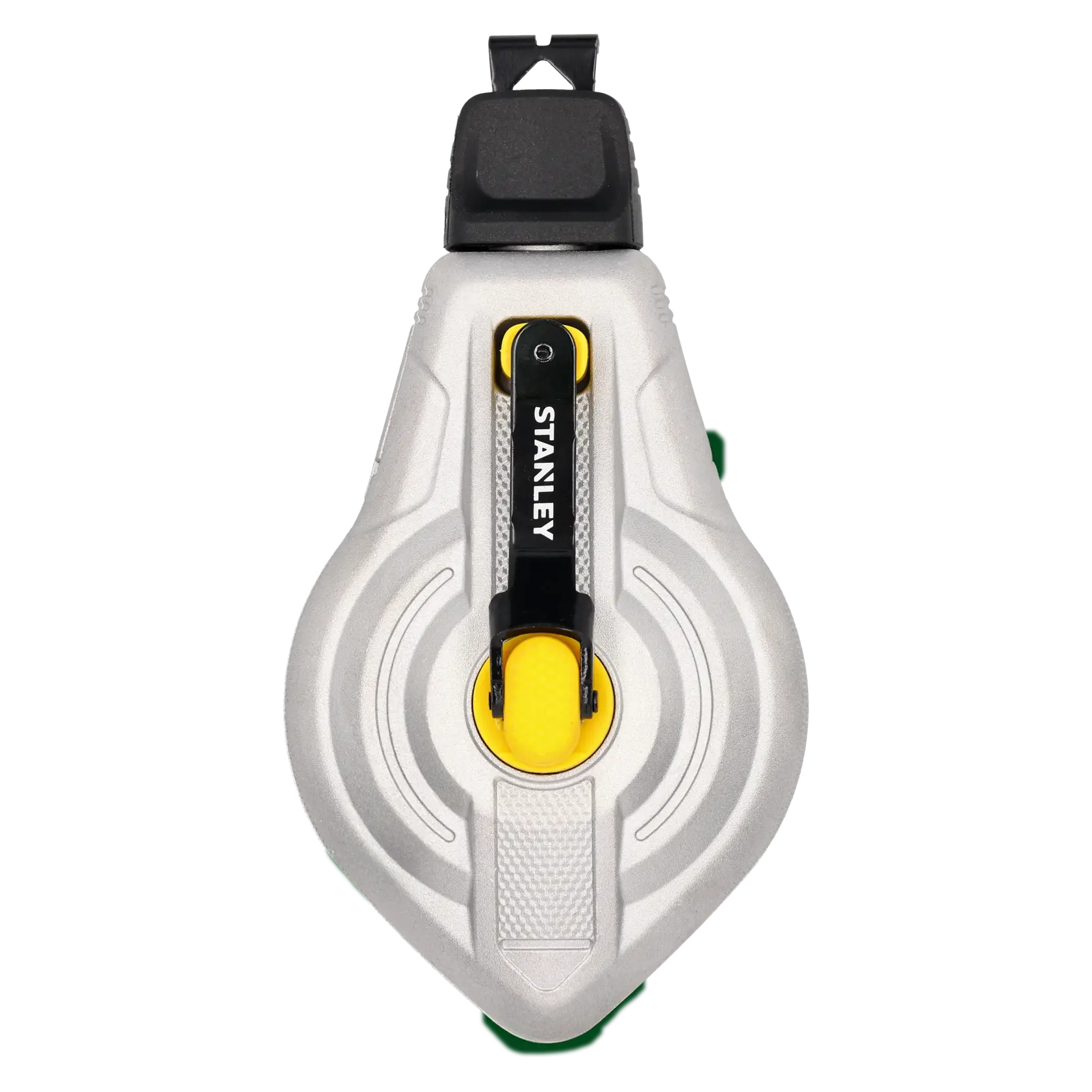 STANLEY STHT47611-0 chalk line reel with yellow and black handle, top view on white background.