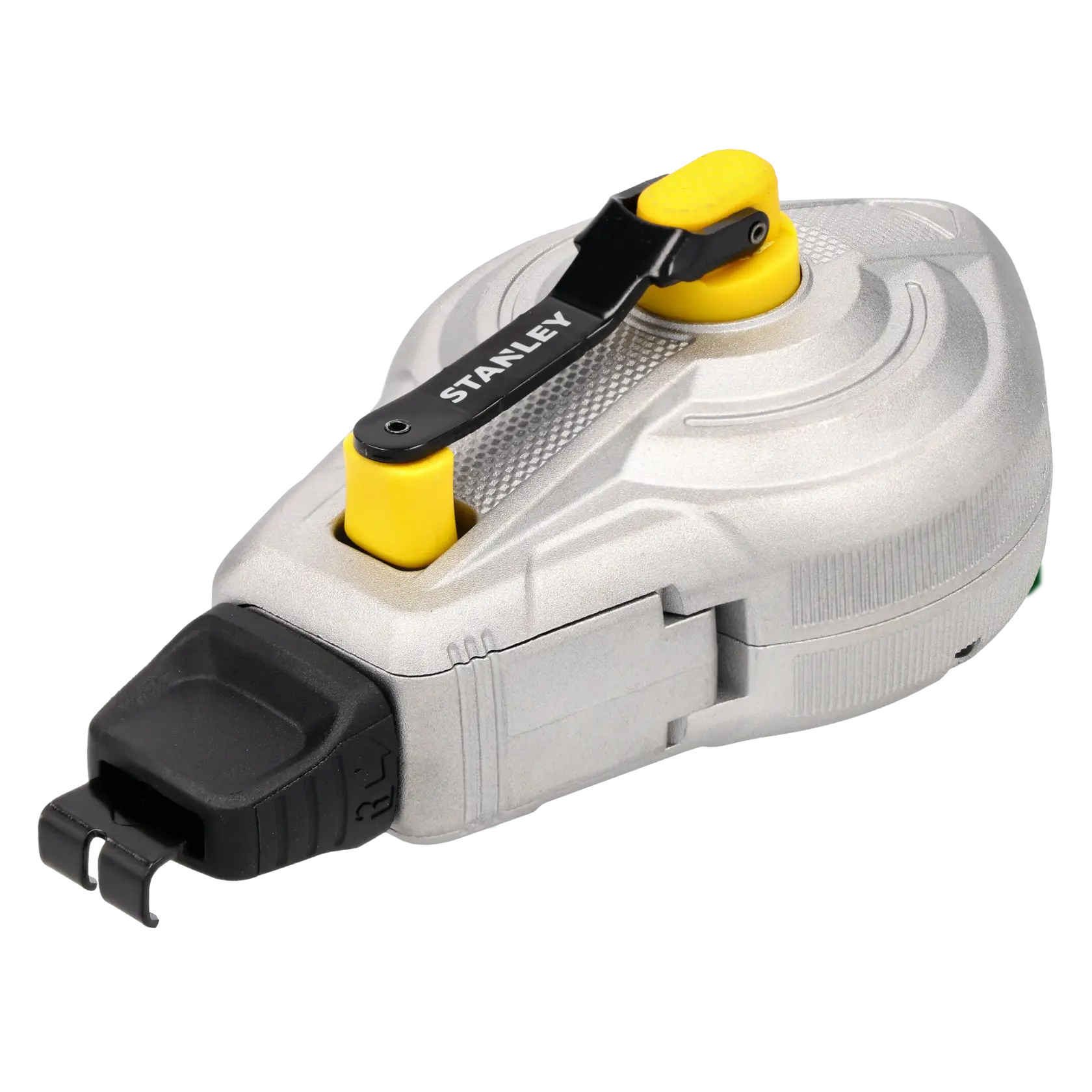 STANLEY STHT47611-0 chalk line reel, silver and yellow, product photo on white background, angled view.